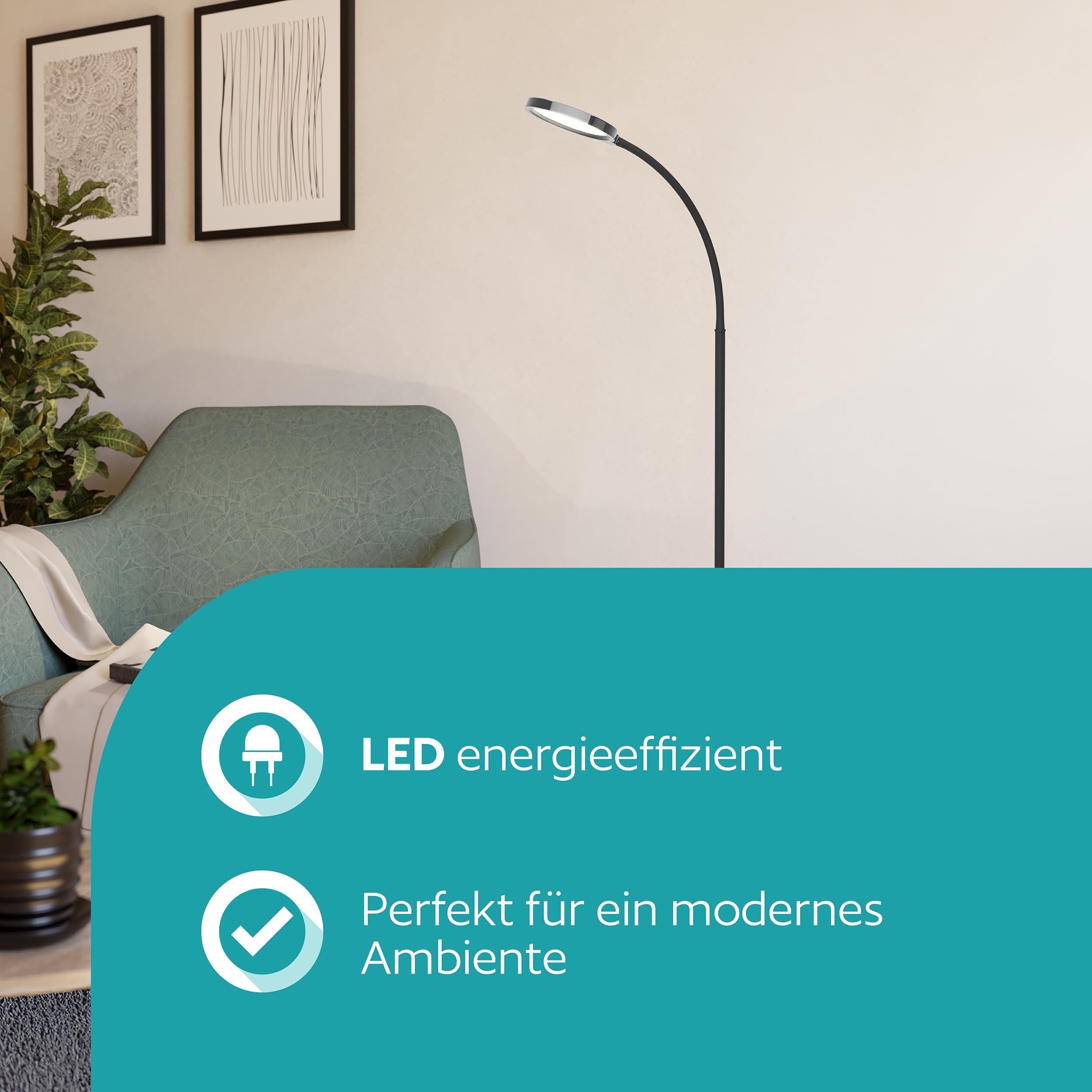 EGLO LED Stehlampe Lauro, Lampe Wohnzimmer, Standleuchte touch dimmbar | flexible Leselampe aus Kunststoff in Schwarz, warmweiß-kaltweiß, 132 cm