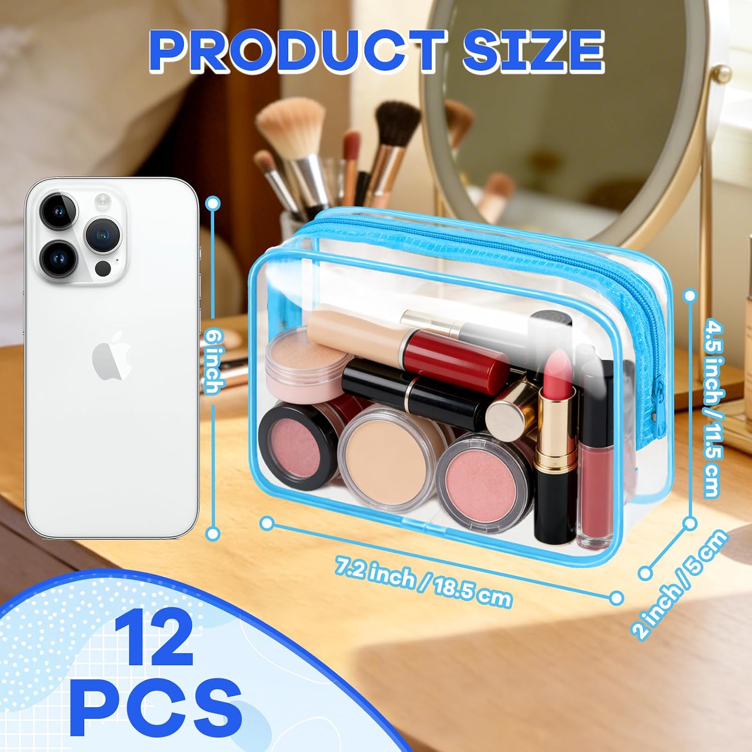 Eilyliafe 12PCS Clear Makeup Bag Transparent PVC Makeup Bag Waterproof Plastic Zipper Pouches Travel Toiletry Organizer Cosmetic Storage Case for Women Traveling Bathroom (Blue, Medium)