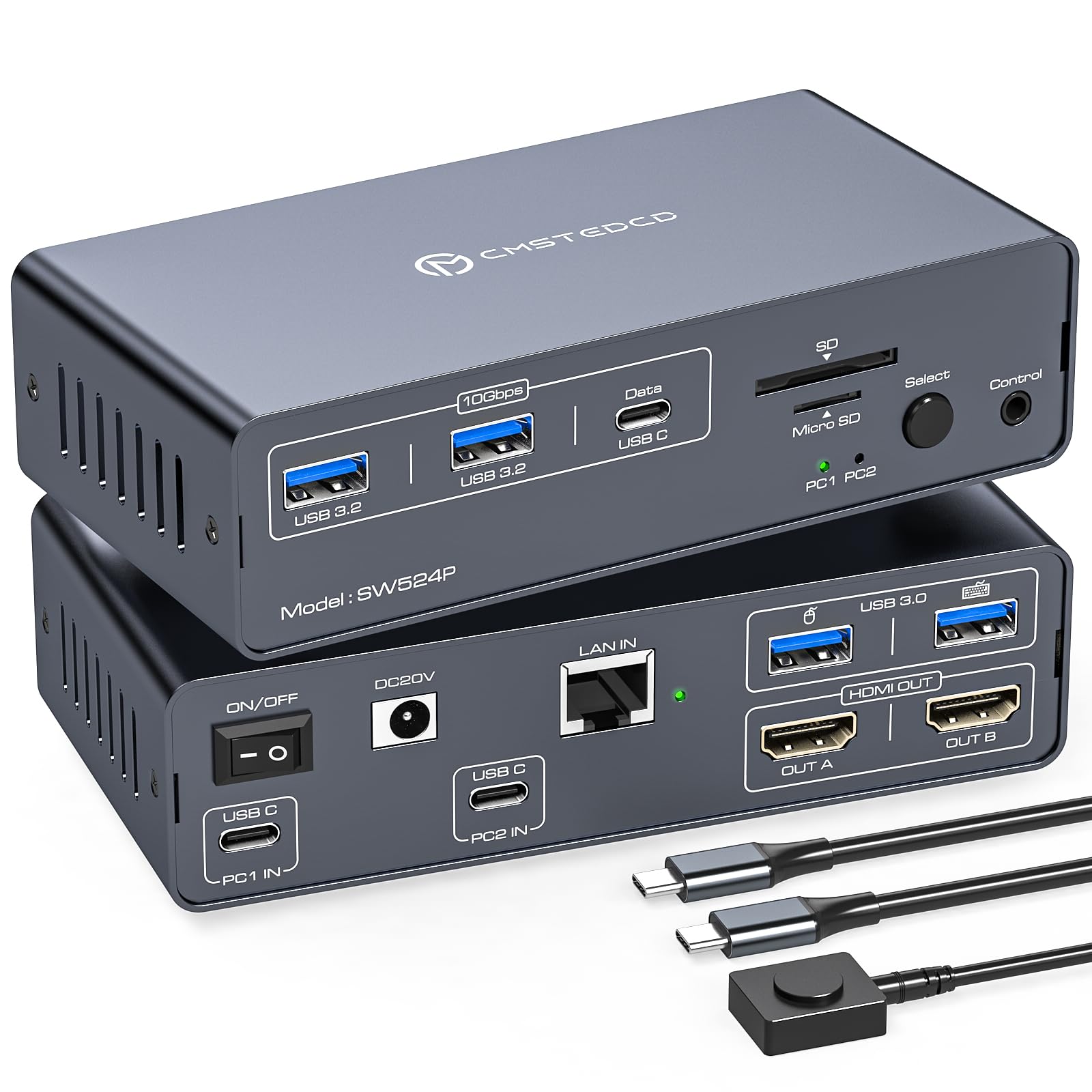 KVM Docking Station für Zwei Laptops 2 Monitore 4K@60Hz USB C 3.2 KVM Switch for 2 PC Share 12 in 1 Dockingstation mit 100W PD und Lan Port