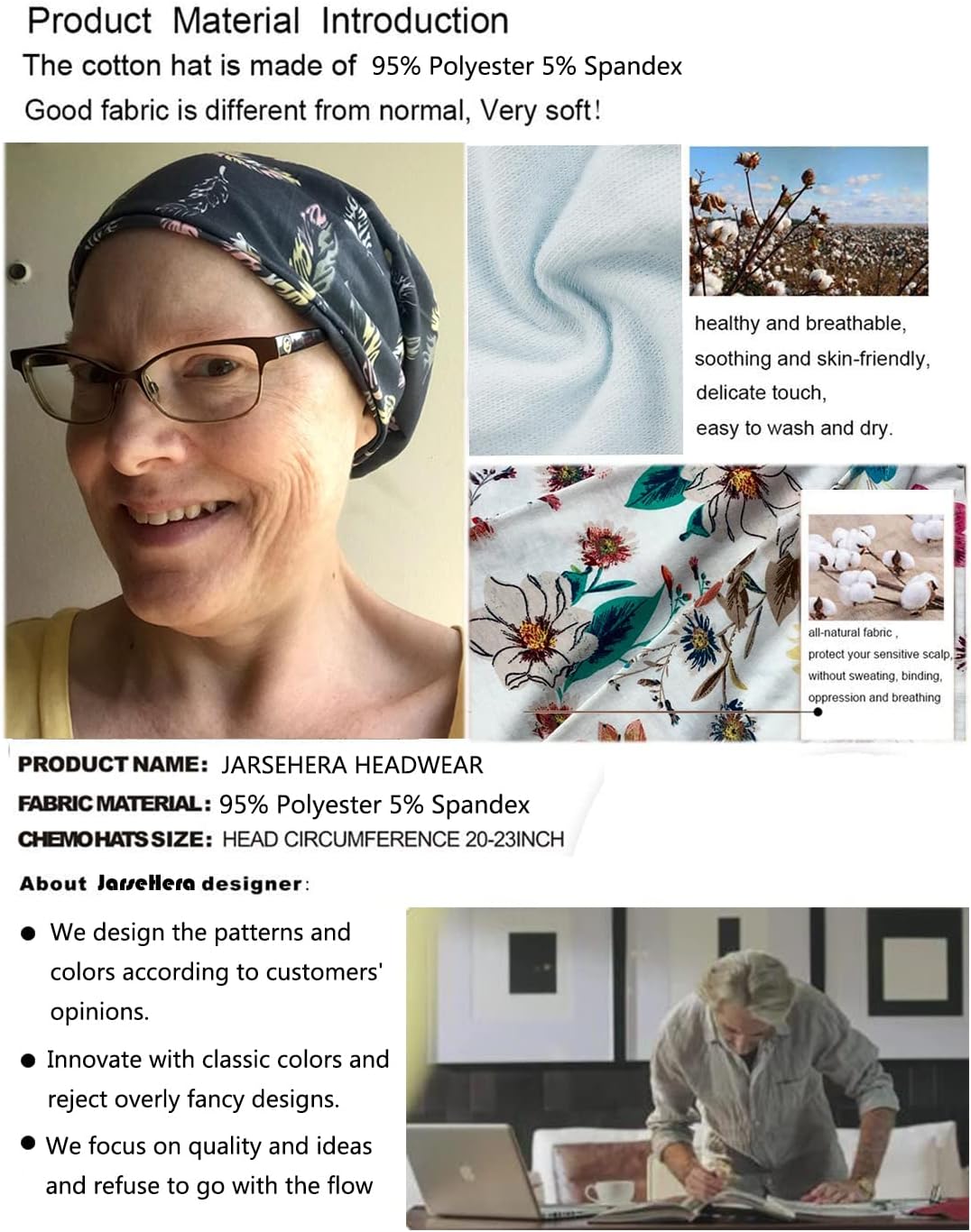 JarseHera Womens Slouchy Beanie Cotton Chemo Caps Cancer Headwear Hats Turban - Image 4