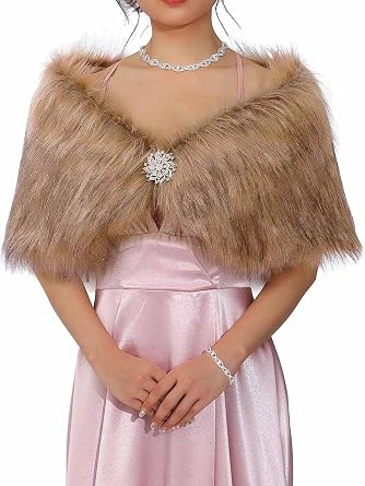 Wedding Faux Fur Shawls and Wraps Black Bridal Fur Shrug Winter Stoles with Brooch for Women and Brides