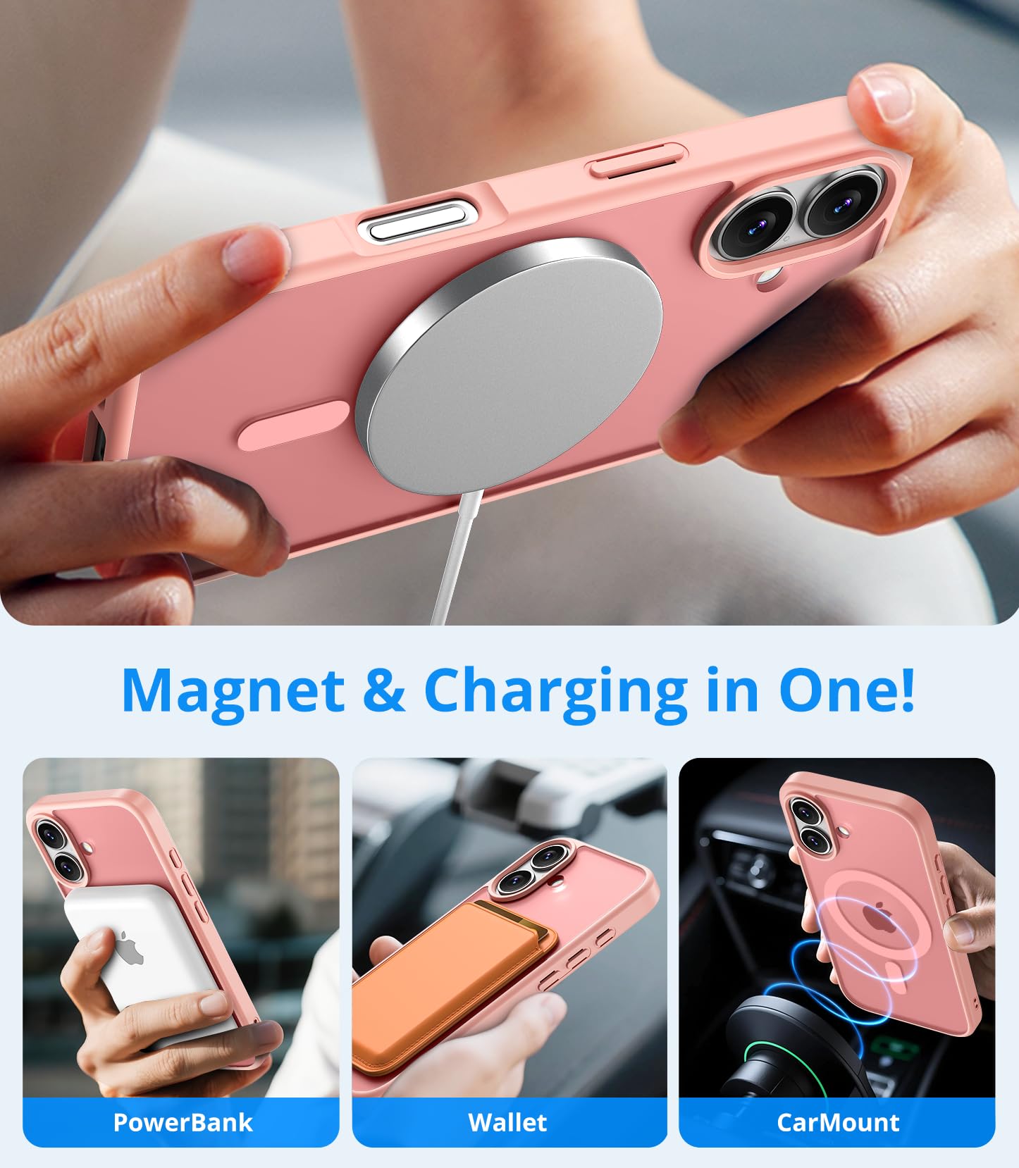 Vansdon Cover Magnetica per iPhone 16 con 1 Pezzi Vetro Temperato, Compatibile con Magsafe, Protezione anticaduta di livello militare, Custodia Traslucida Opaca Sottile Antiurto-Rosa