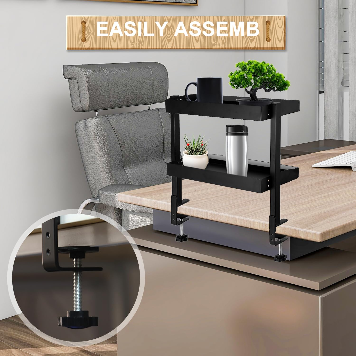 Estante de Escritorio con Abrazadera, Escritorio o Debajo del Escritorio Estante de 2 Niveles Estantes de Escritorio con Bandeja de Almacenamiento Ajustable para Dispositivos de Juego Cómoda