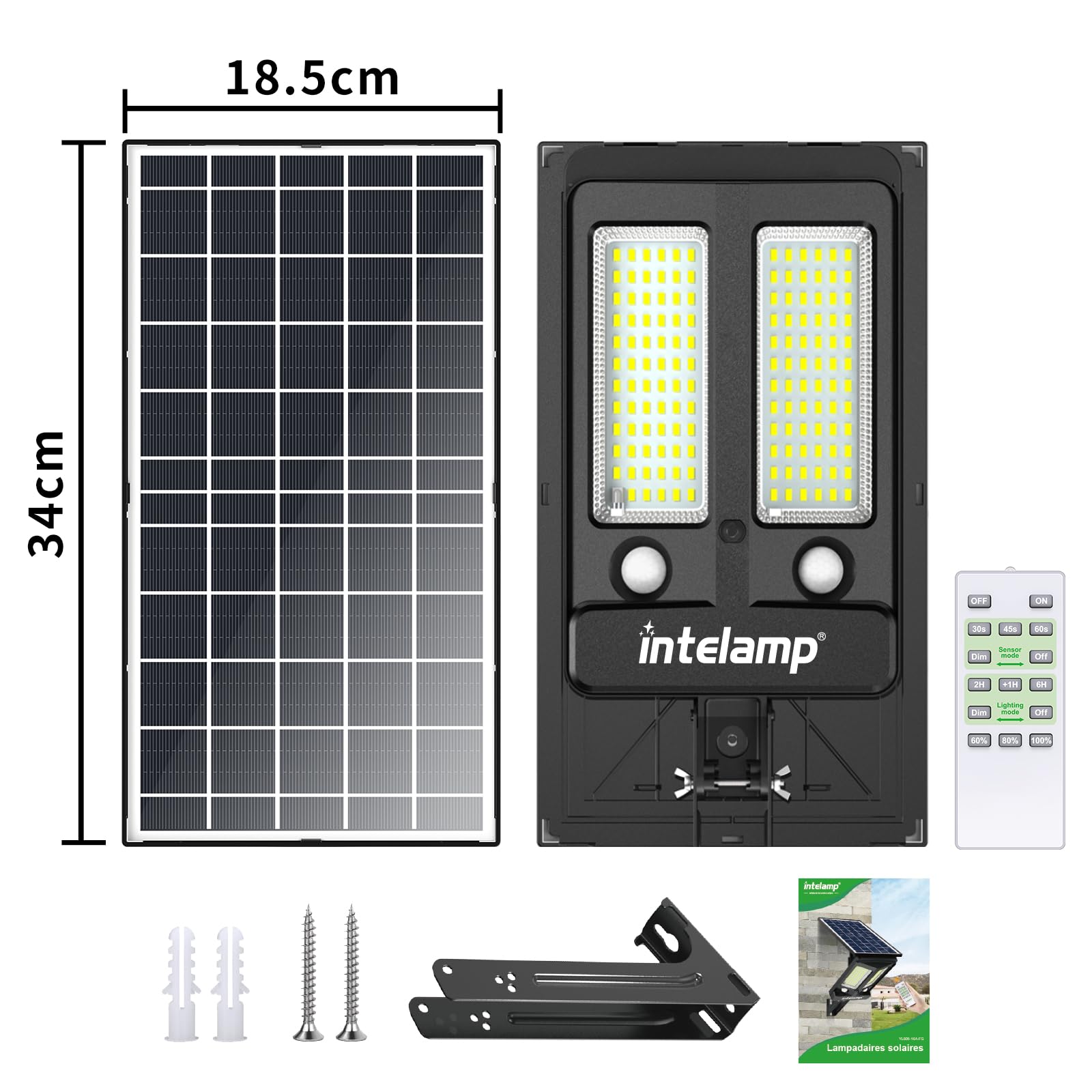 INTELAMP Faretto LED da Esterno Solare 12500mAh, Telecomando Faro led Esterno con Pannello Solare con Sensore di Movimento, Luce Bifacciale, Lampione Solare led Esterno (Nero - 16A-1)