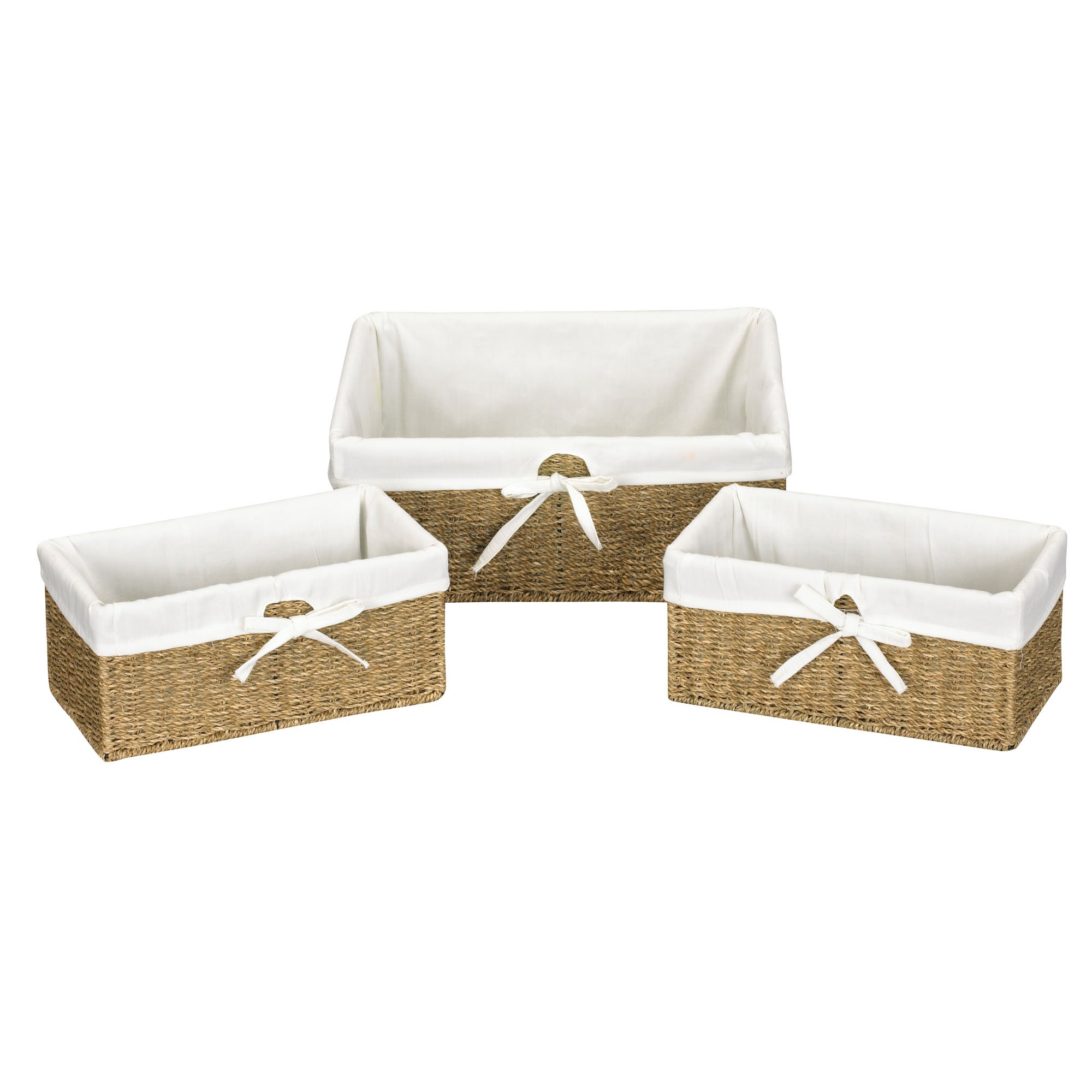 Household EssentialsML-5611 Set of Three Woven Wicker Storage Baskets with Removable Liners | Natural Seagrass,Brown