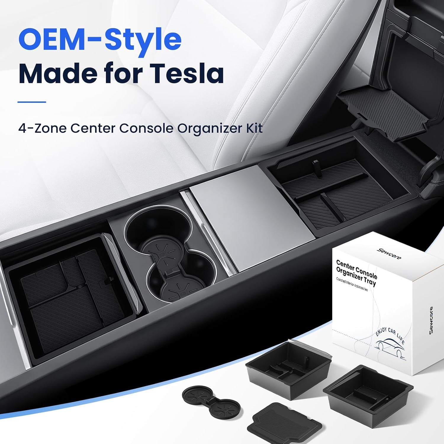 2026 Center Console Organizer for Tesla Model Y Juniper & Model 3 | OEM-Style Fit, Double-Layer Storage, Non-Slip Low-Rattle Mats, Tesla Model Y Juniper 2025-2026 & Model 3 Highland 2024-2026
