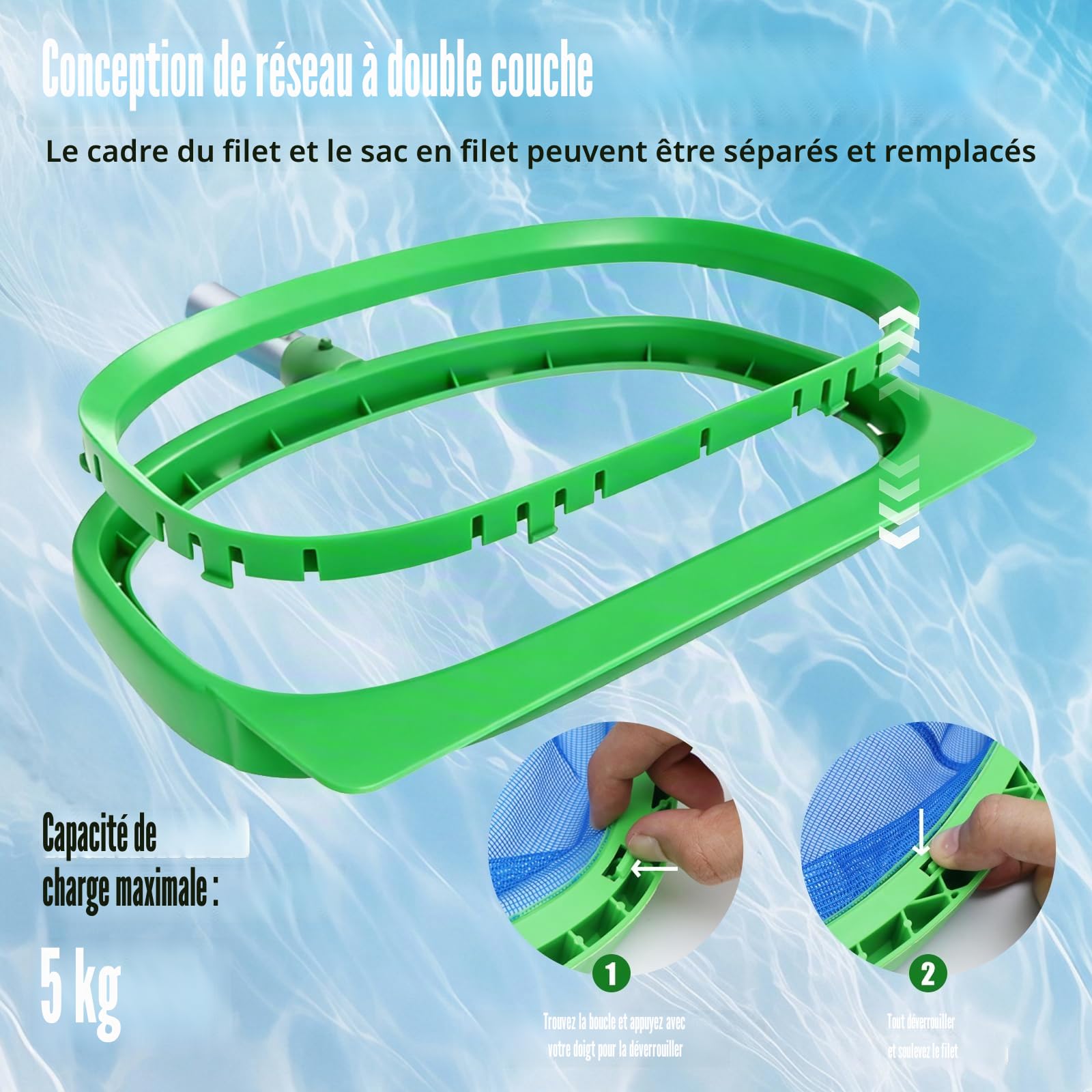 Epuisette de Piscine Maille Fine(Aucun Bâton), Épuisette de Fond & Surface Ecumoire pour Piscine, Jacuzzi, Spa, Bassin Exterieur Professionnelle, Filet de Nettoyage de Fond Piscine