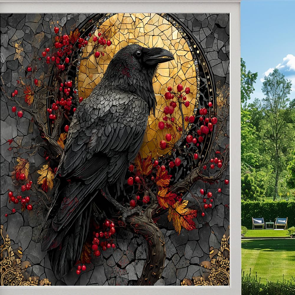 Fantasy Raven Stained Glass Window Film, Gothic Mystical Crow Moon Peel and Stick Privacy Film, Frosted Adhesive Vinyl Decorative for Bathroom Windows Glass Doors, （90x140cm）