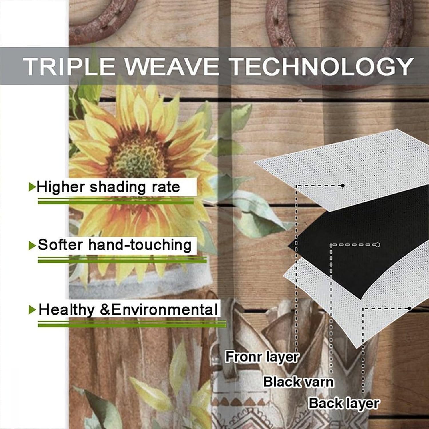 Brebasf Rustic Animal Horseshoe Blackout Rod Pocket Curtains,Retro Western Wooden Cowboy Boots Wheel Sunflowers Thermal Insulation Room Darkening Window Drapes 2 Panels 63" L x 36" W