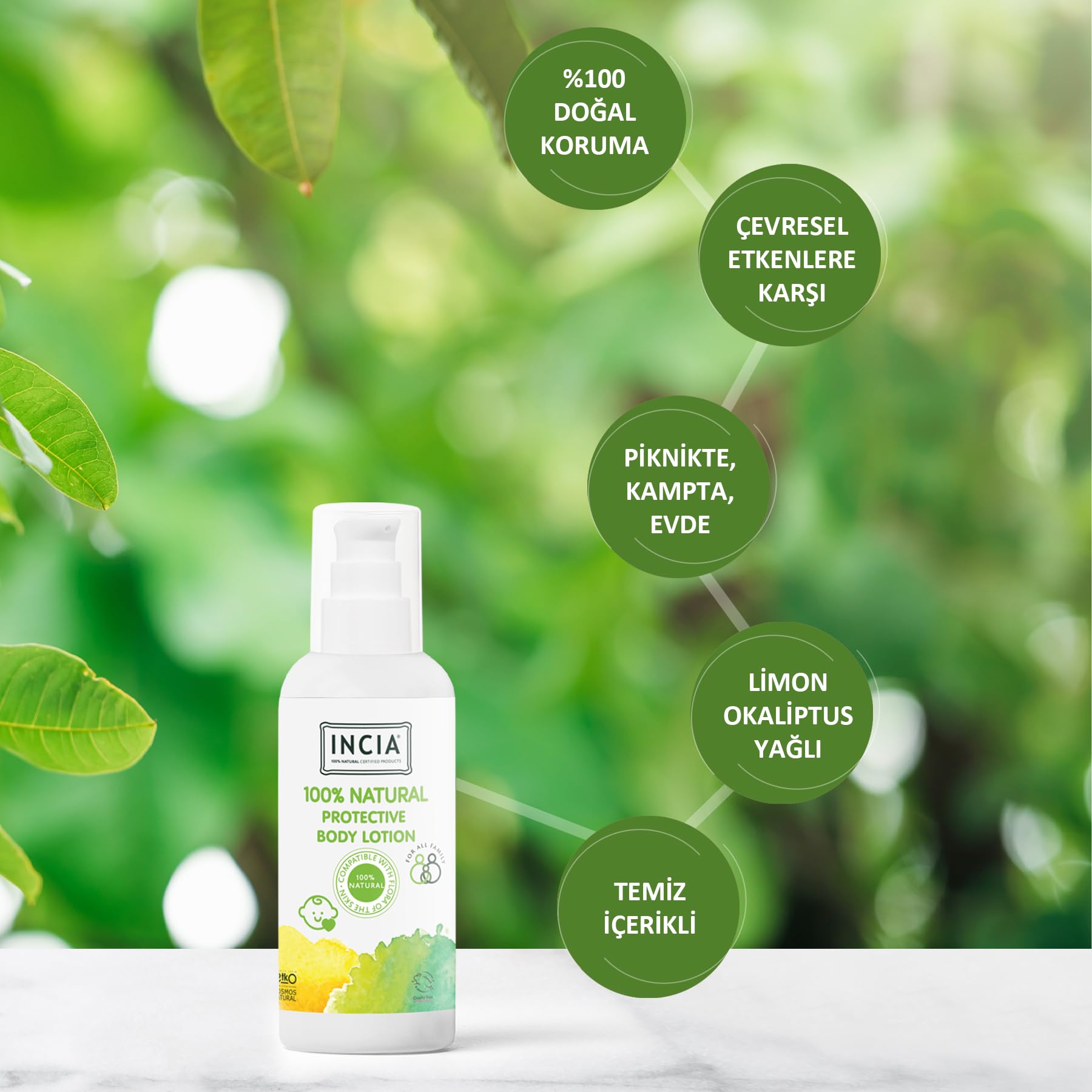 INCIA%100 Doğal Koruyucu Vücut Losyonu Sprey Yenidoğan Bebek Çocuk İçin Limon Okaliptus Vegan 100 ml