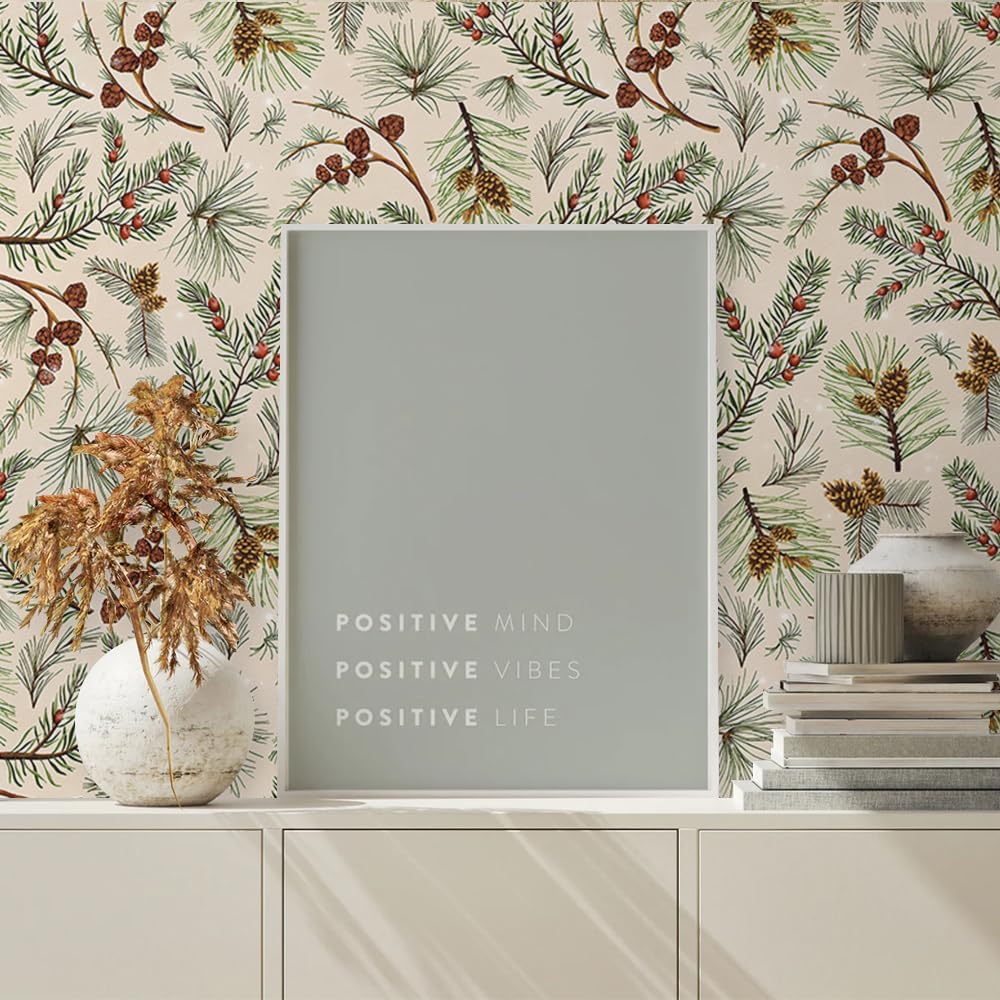 Rustic Cream Beige Green Pine Tree Cone Leaf Christmas Peel and Stick Wallpaper Contact Paper Vintage Vinyl Stick on Wall Paper for Bedroom Bathroom Kitchen Cabinet Renter Friendly