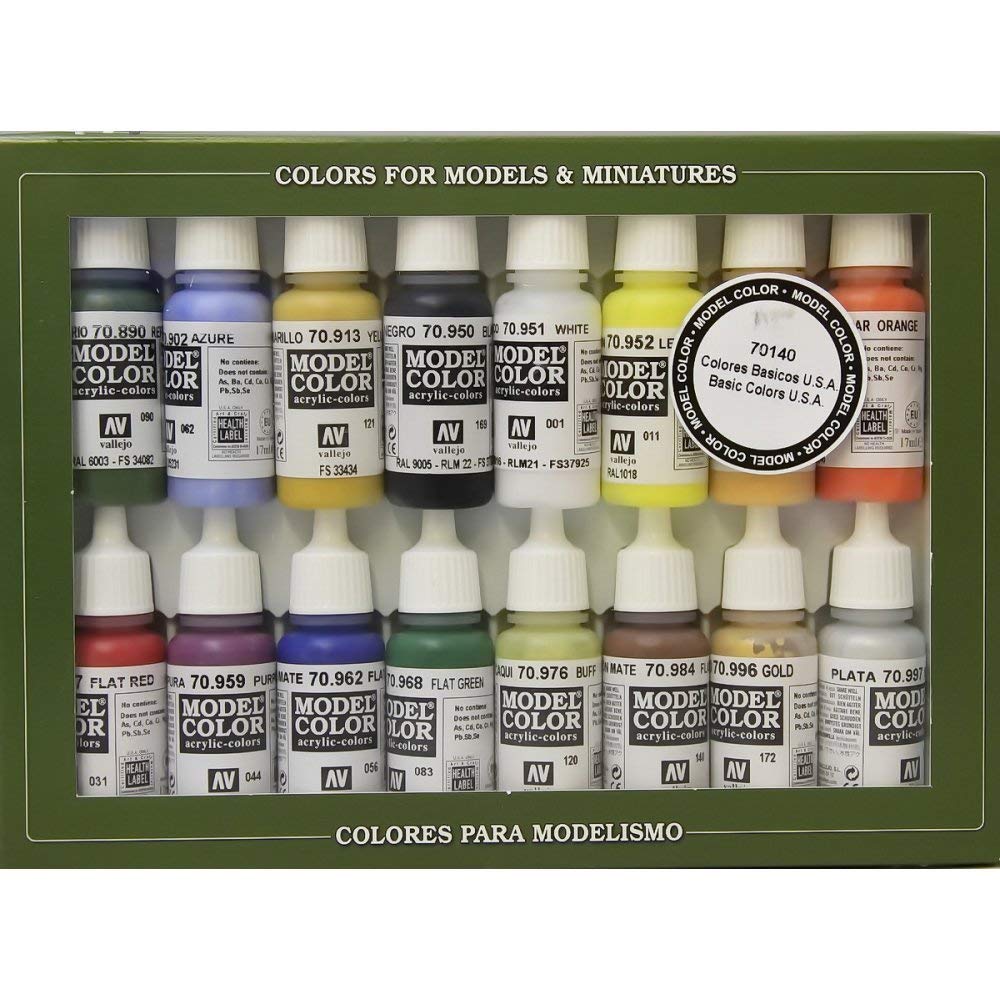 Vallejo 70140 – Vallejo Model Colour Basic Colors USA Acrylfarben-Set – 16 x sortierte 17 mm Farbe, Schwarz