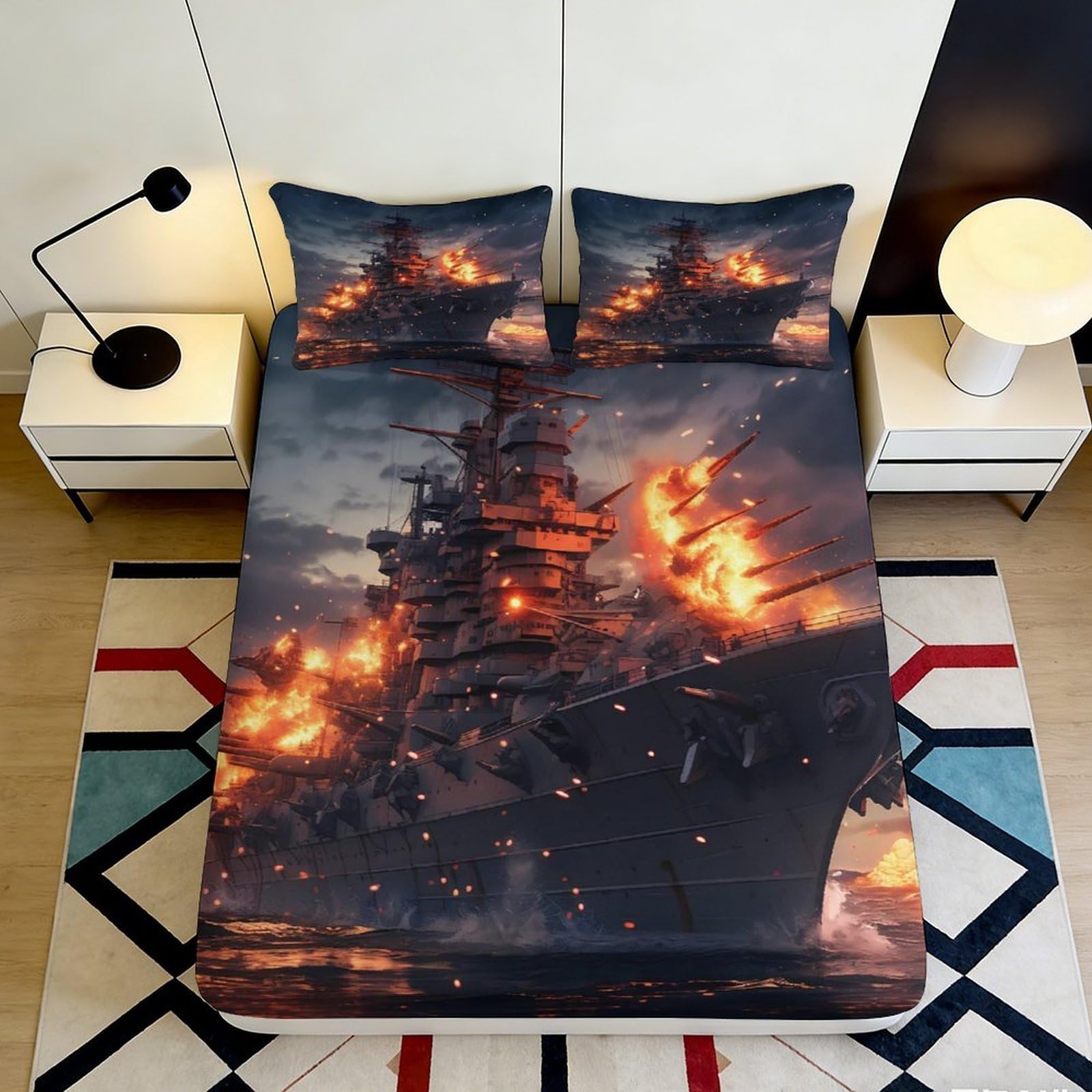 Jqzkxnhpbr Style-3 3D Printed Battleship Fire Fitted Sheet Microfiber Soft Breathable Warship Explosion Bed Sheet For Bedroom Dorm Decor 90X200x25cm