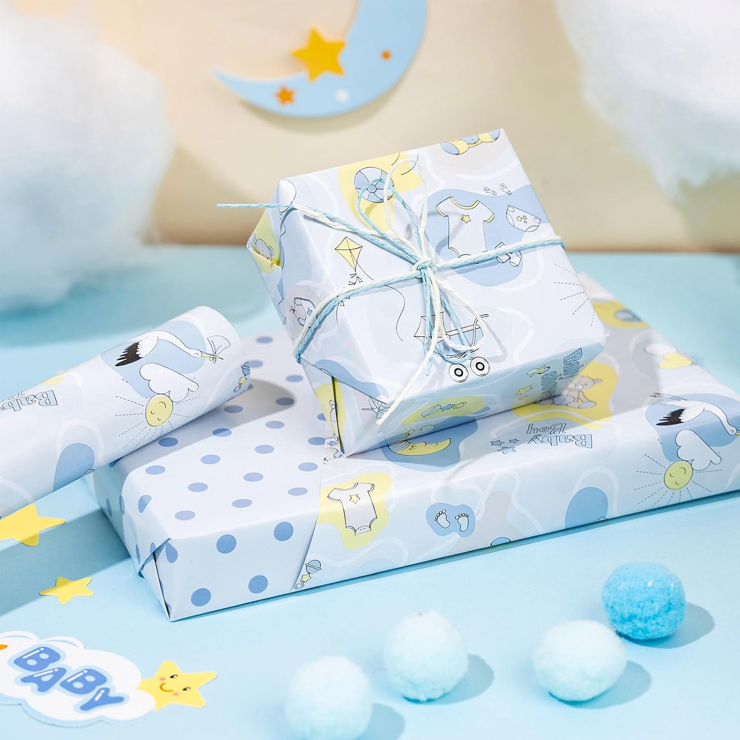 LeZakaa Reversible Blue Baby Shower Wrapping Paper Roll, Baby Toy, Bunny in Baby Blue & Polka Dots for Baby Shower, Baby Boy's 1st Birthday, Newborn Party, Mini Roll, 17 inches x 32.8 Feet image 5