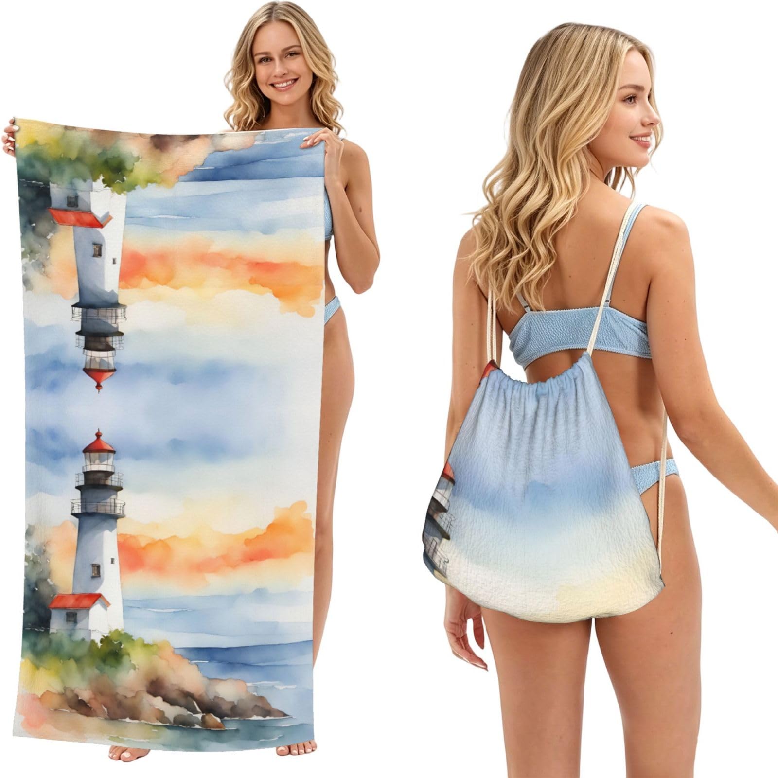 aacxzff Lighthouse Print 2 in 1 Packable Towel Bag, Drawstring Beach Towel Backpack,80x160cm for Beach trips