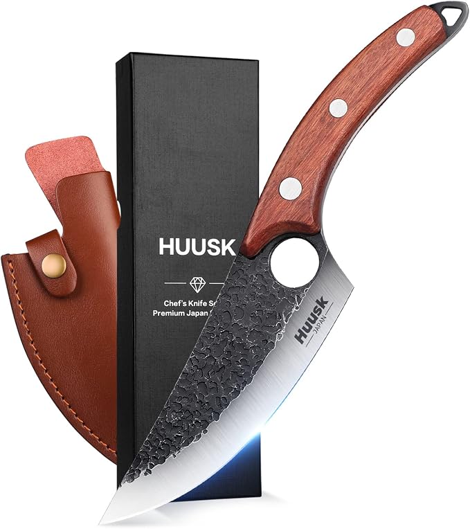 Huusk Viking Knives Hand Forged Boning Knife Full Tang Japanese Chef Knife with Sheath Butcher Meat Cleaver Japan Kitchen Knife for Home, Outdoor, Camping Thanksgiving Christmas Gift