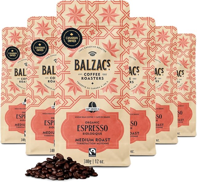 Balzac’s Coffee Roasters - Espresso Blend | Fairtrade Organic | 100% Arabica Whole Bean Coffee | Medium Roast | Velvety & Smooth | 340G, 12OZ. (Pack of 6)…