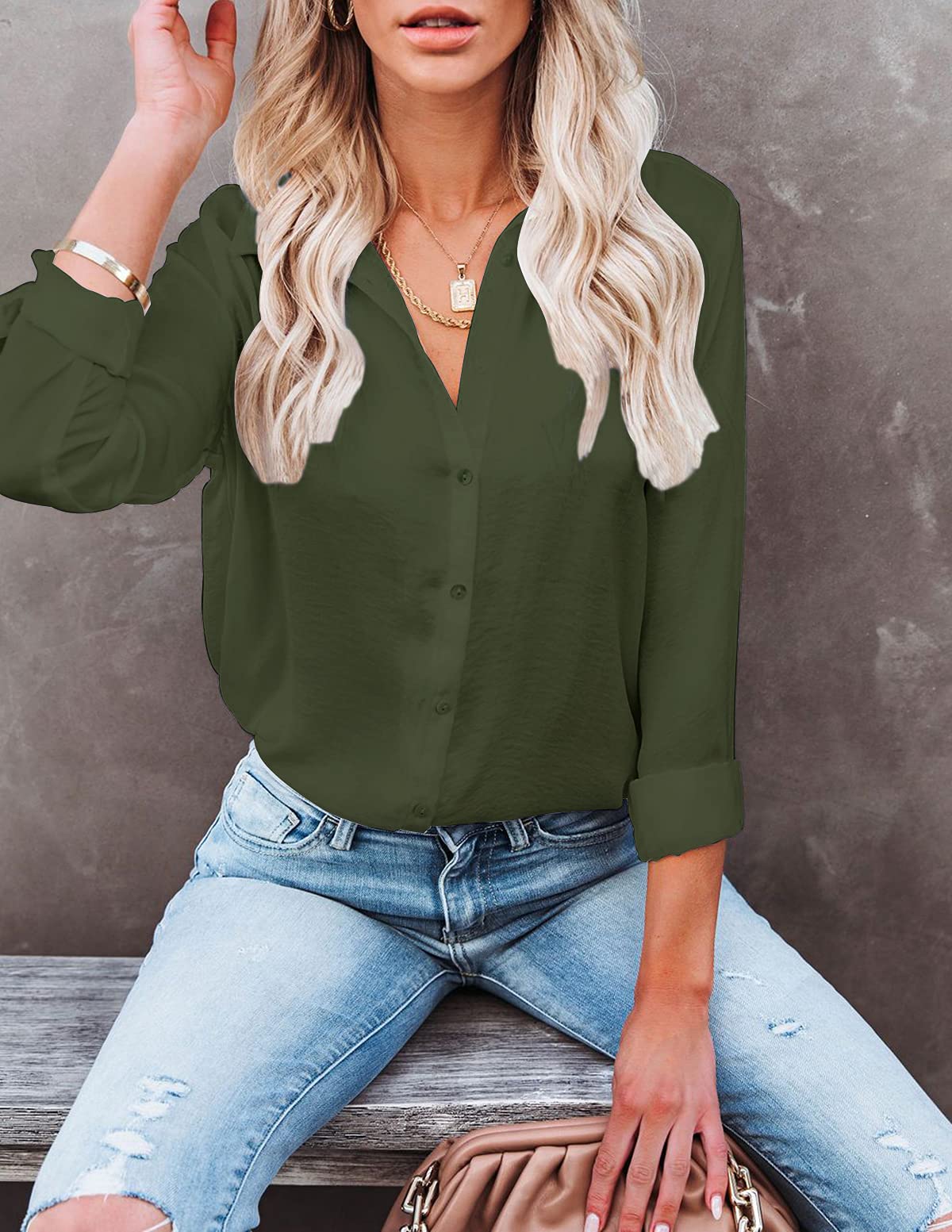 Diosun Camisas de manga larga y corta con cuello en V y botones para mujer, para oficina, casual, negocios, blusas lisas