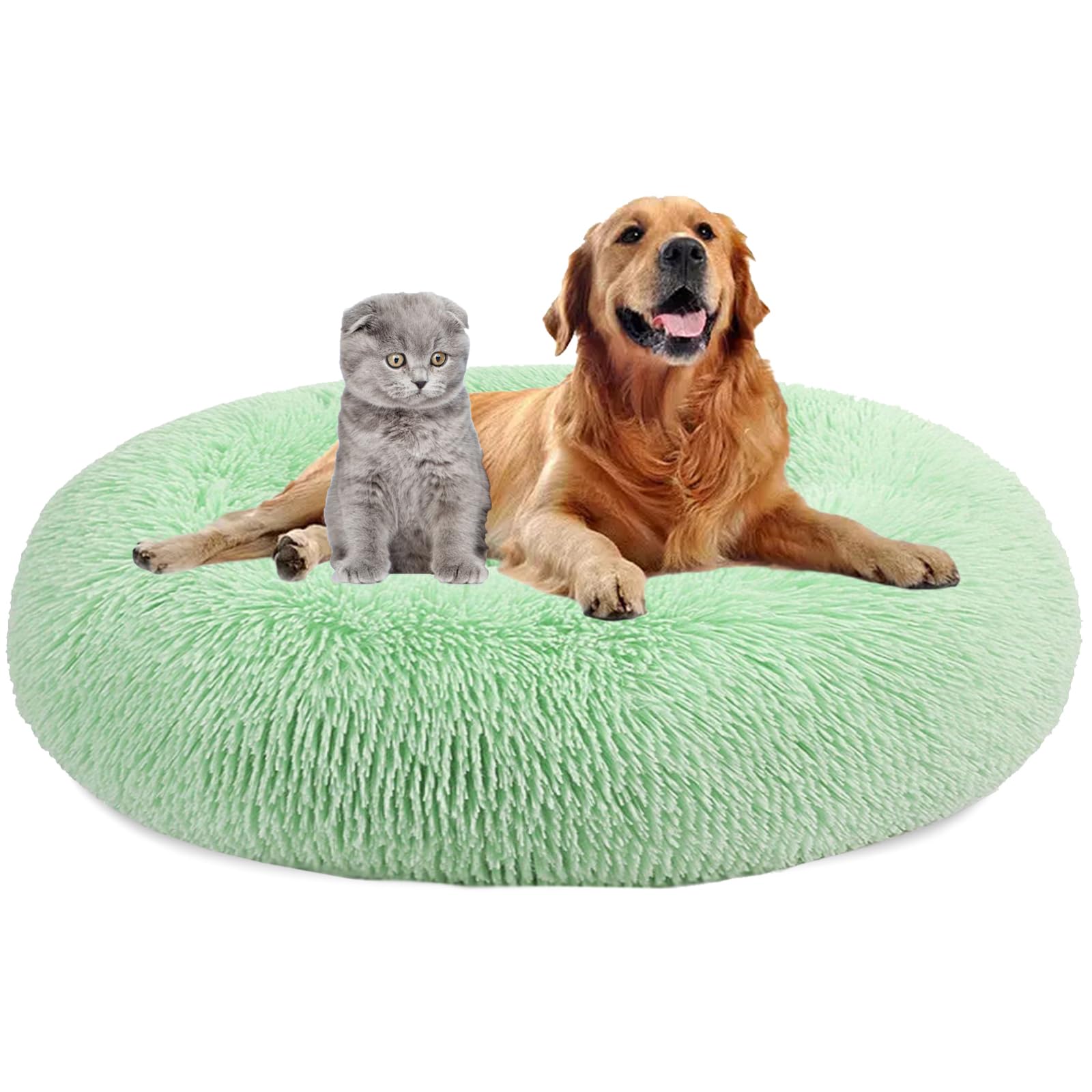 MAIFENGL Calming Dog Bed Plush Donut Pet Bed, Fluffy Washable Non-Slip Plush Cuddler Warming Round Dog Cat Bed- Green|| Ø110cm/43in