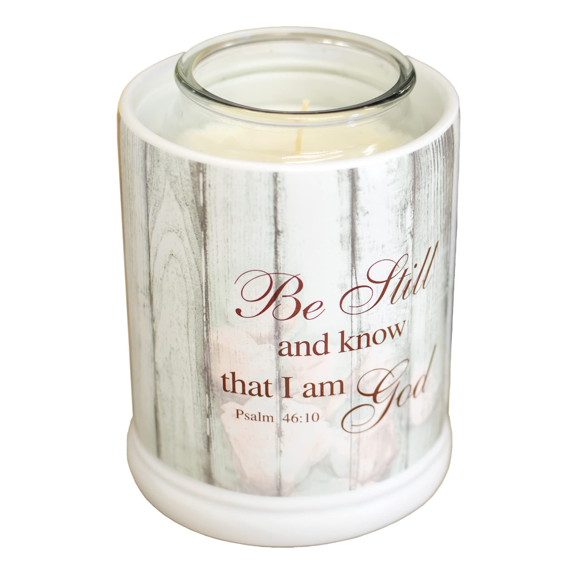 Be Still and Know Distressed Wood Design White Ceramic Stone Jar Warmer