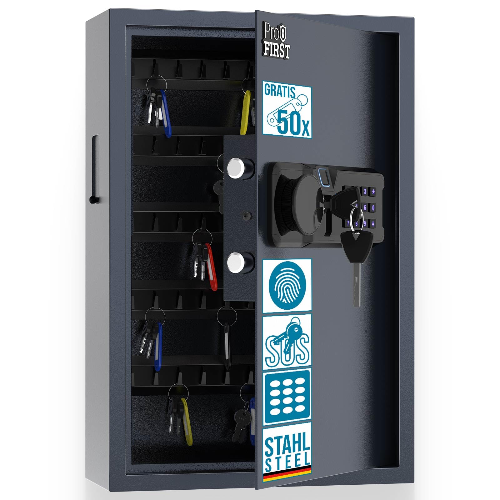 Profirst Schlüsseltresor LockGuard 50 Stahl Elektronikschloss LED Beleuchtung mechanische Notöffnung 5 verstellbare Hakenleisten 50 Haken Einwurfschlitz Innenbeleuchtung inkl. Befestigungsmaterial 50