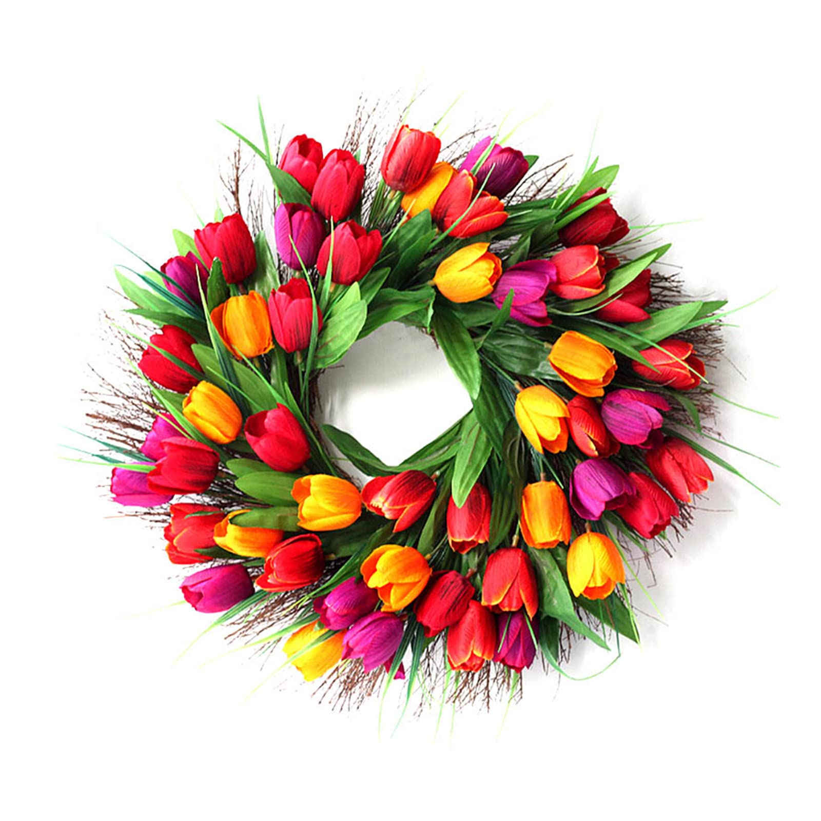 JFBUCF 45cm Artificial Tulip Door Wreath Spring Silk Flower Wreath with Green Leaves for Front Door Window Wall Wedding Decor, Farmhouse Wreath Garland, Red, 45cm/17.7inch