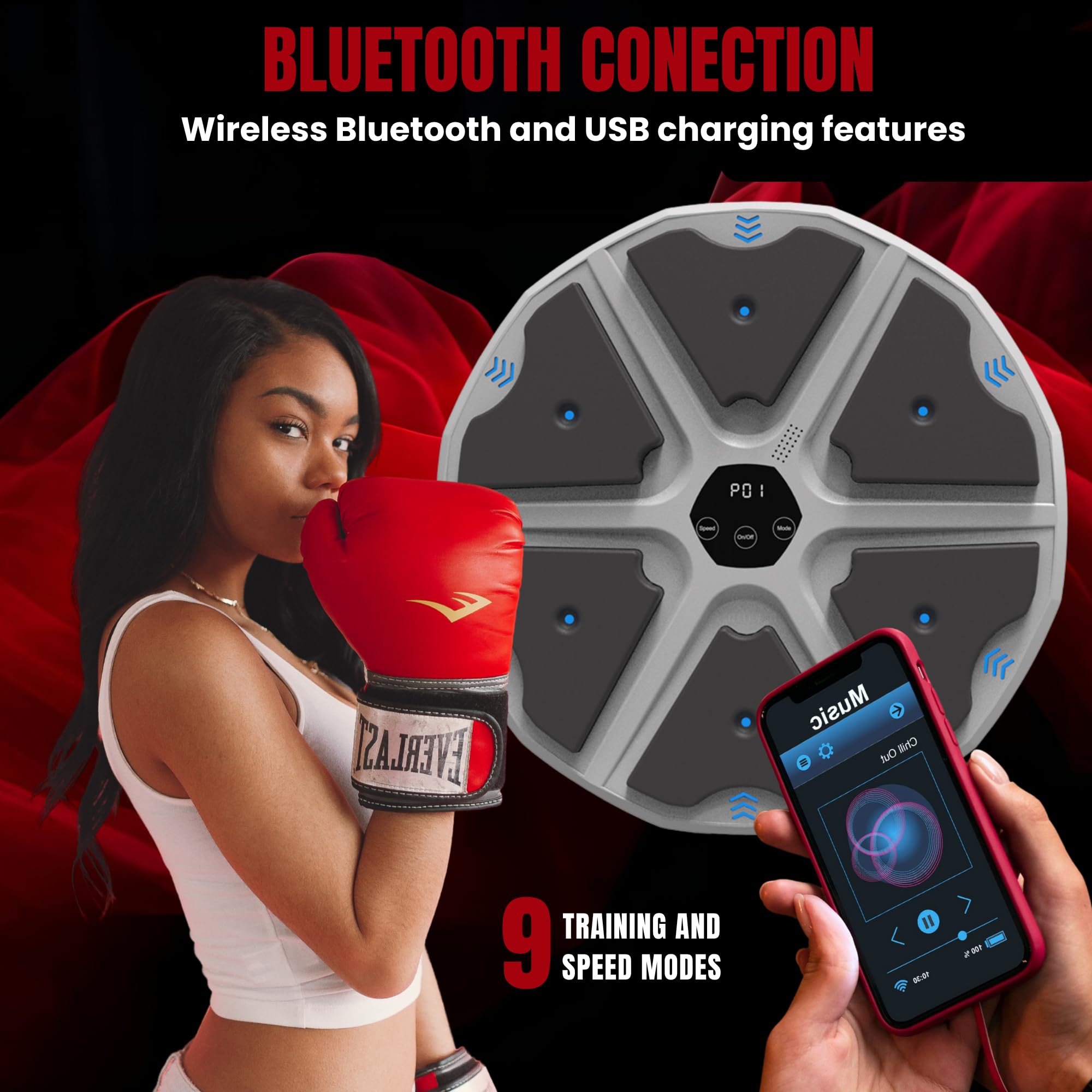 Macchina da Boxe Musicale. Attrezzatura da Parete con LED, Guantoni da Boxe, Bluetooth e Luci a Ritmo di Musica. per Bambini/Adulti. (9 modalità, 43x43 cm)