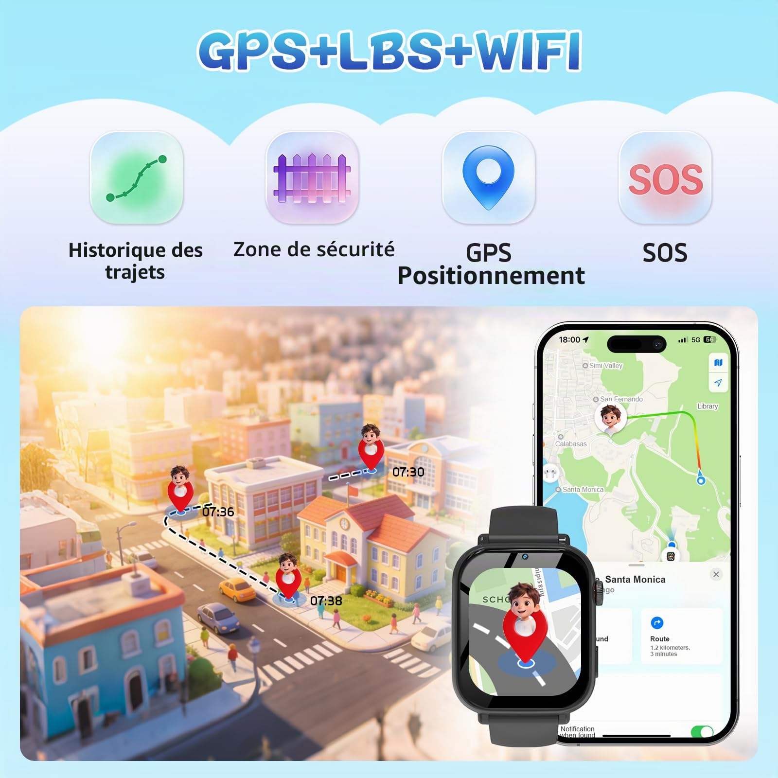 Montre Connectée Enfant, Smartwatch GPS/Téléphone/Appels Vidéo/Chat Vocal | SOS/Mode École/Réveil/Appareil Photo/Podomètre, Montre Intelligente Pour Enfant Cadeau pour Garçons et Filles, Noir