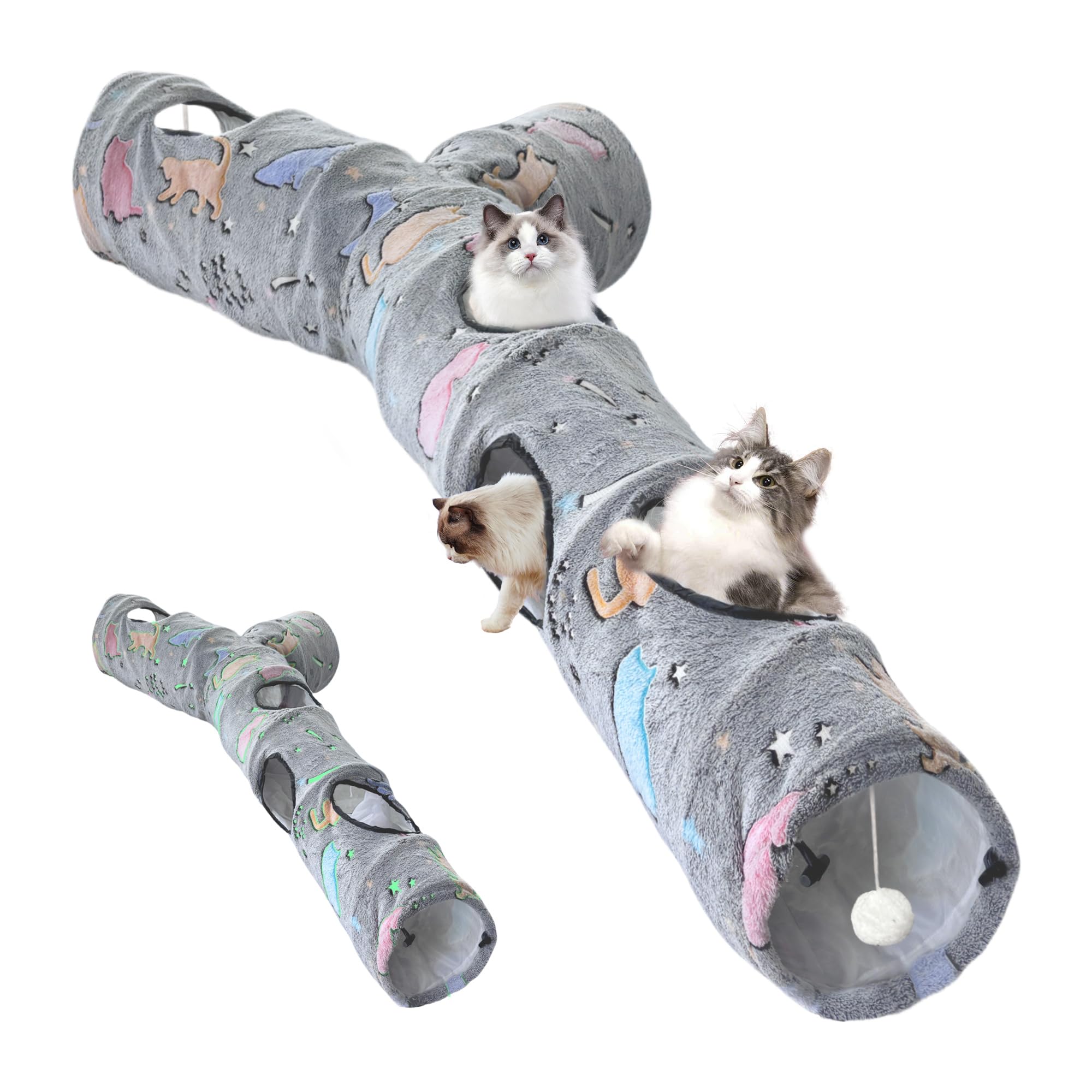 Cat Tunnel for Indoor Cats,Tree Trunk Cat Tunnels with Plush Ball Toys Collapsible,Stars, Moon Shape Self-Luminous, for Indoor Cats,Pets Bunny Rabbits, Kittens, Ferrets