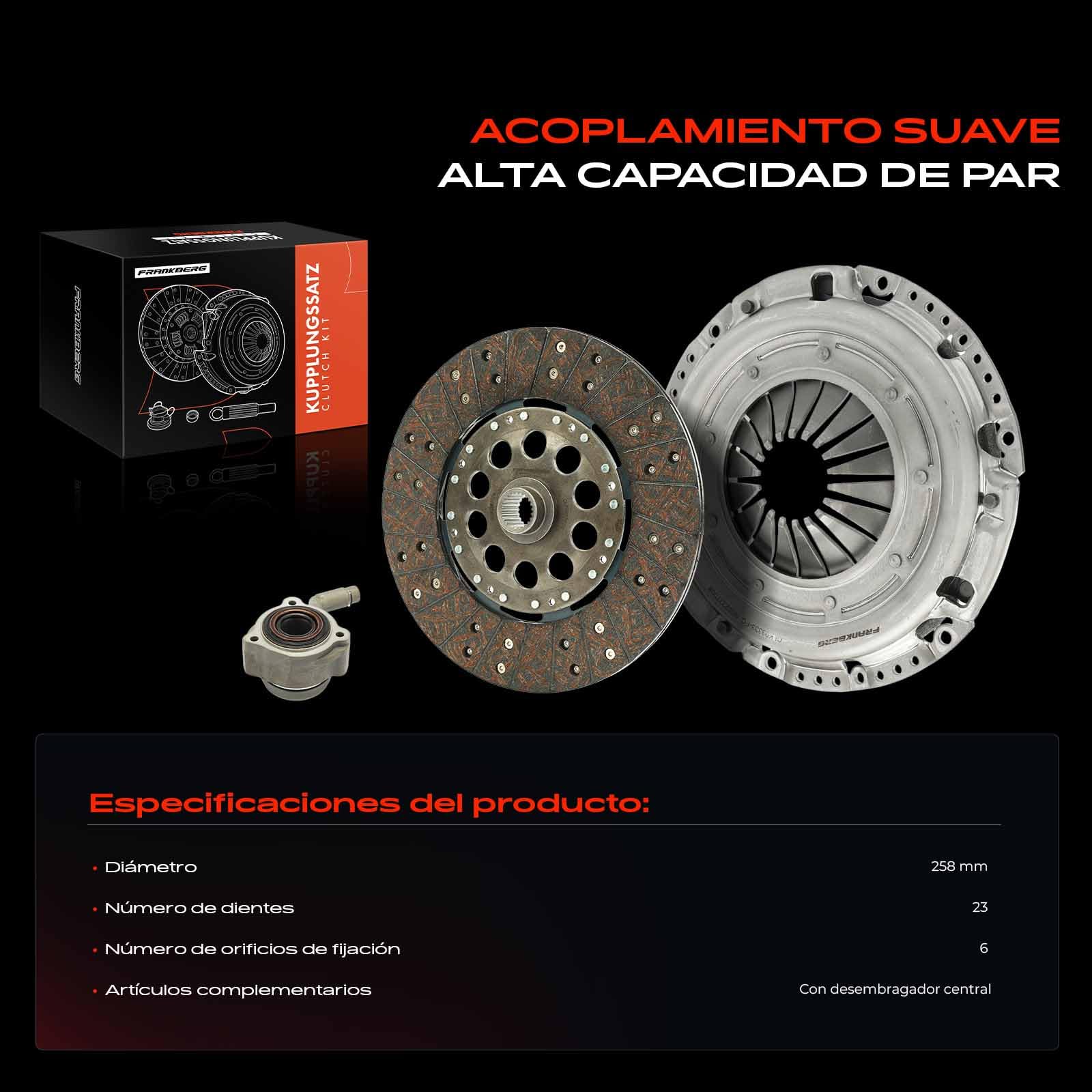Frankberg Kit de embrague con cojinete de desembrague central 1611272980 | con ajuste automático, 23 dientes; Compatible con: Caja de puente, Ducato Van 250, Autobús Jumper