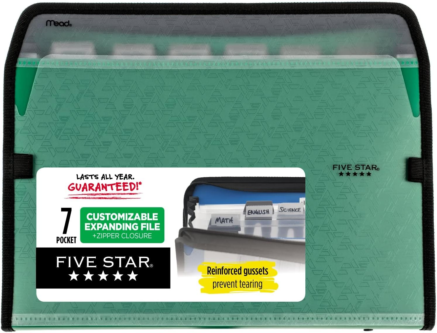 Five Star 7-Pocket Expanding File Organizer, Plastic Expandable File Folders with Customizable Tabs & Clear Cover, Holds 11" x 8-1/2", Zipper Closure, Seaglass Green (72707)