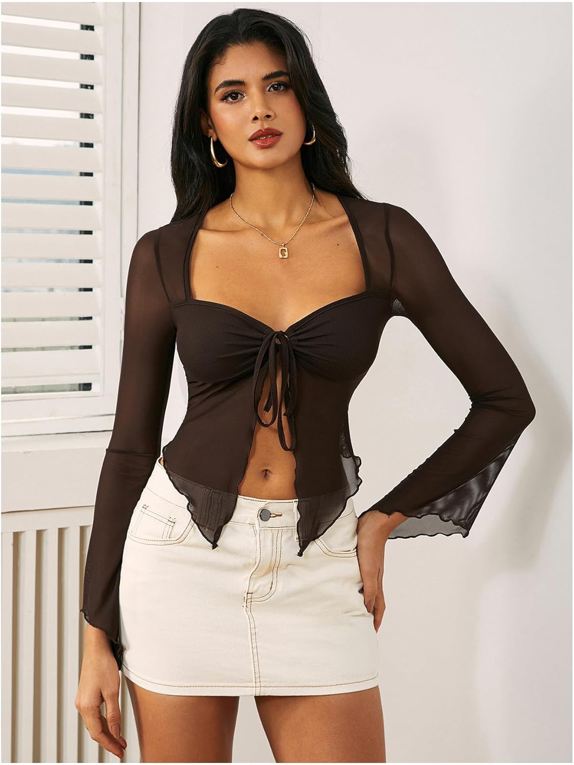 WDIRARA Women's Long Sleeve Front Tie Top Sexy Mesh Bell Sleeve Shirt - Image 3