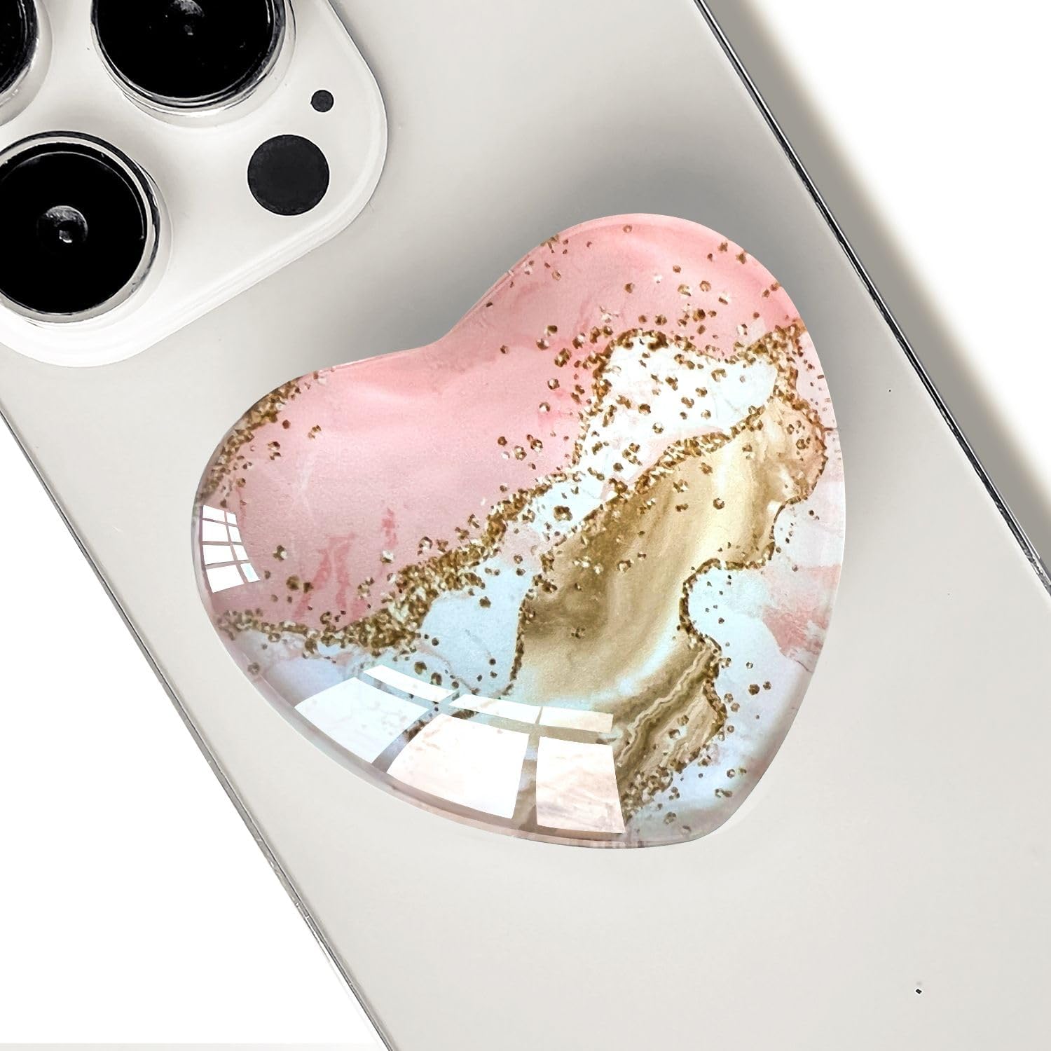 Expandiing Moblile Cell Phone Grip Heart Shape Glass Holder for Smartphones, Cellphone Collapsible Stand(Pink Gold Marble