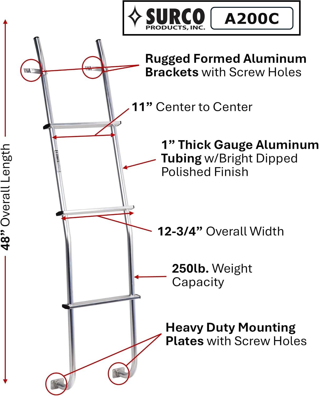 Surco A200C Universal Style Aluminum 3-Step Van Ladder - Compatible with Chevrolet Astro and GMC Safari Vans; Brite Dipped Polished Finish