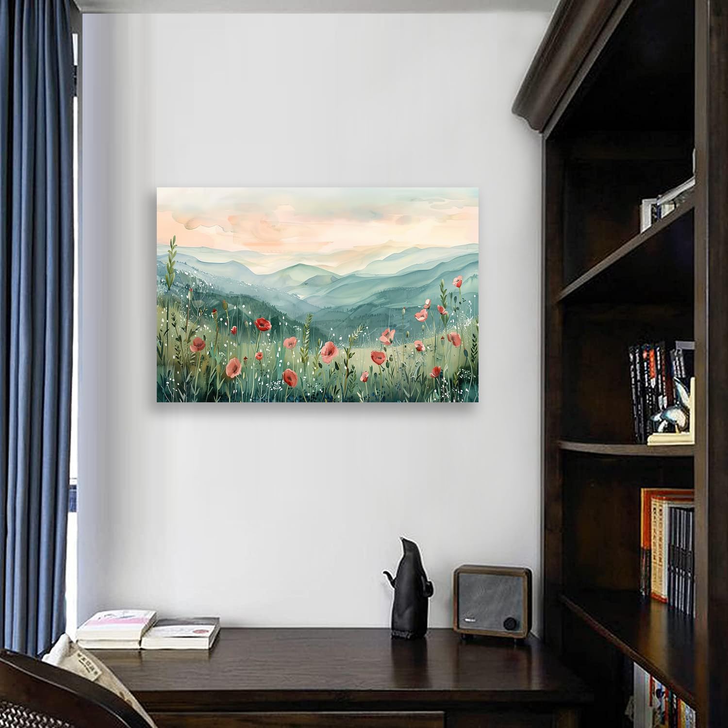 Tucai Decor Floral Landscape Canvas Wall Art 32 x 48 inches Poppies in Mountain Valley Home Decor Art Prints for Living Room Bedroom Office Ready to Hang