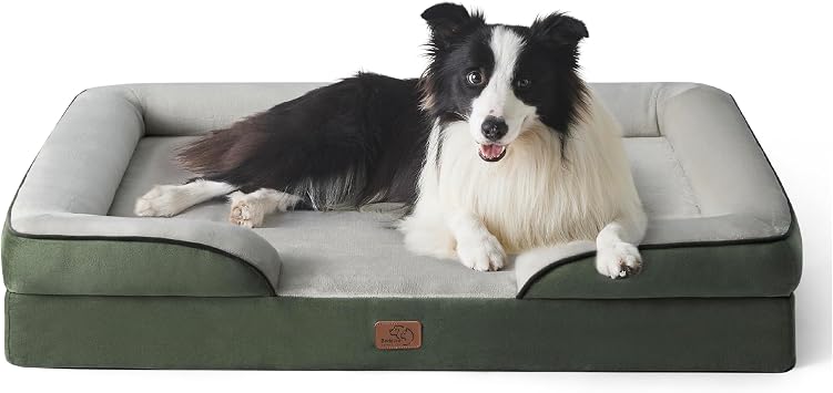 Bedsure Large Dog Bed Sofa - Washable Orthopedic Dog Couch, 89x63x16cm | Waterproof Inner Liner, Removable Flannel Cover, Dog Pillow with U-Shape Bolster, Dark Green Squre Pet Bed