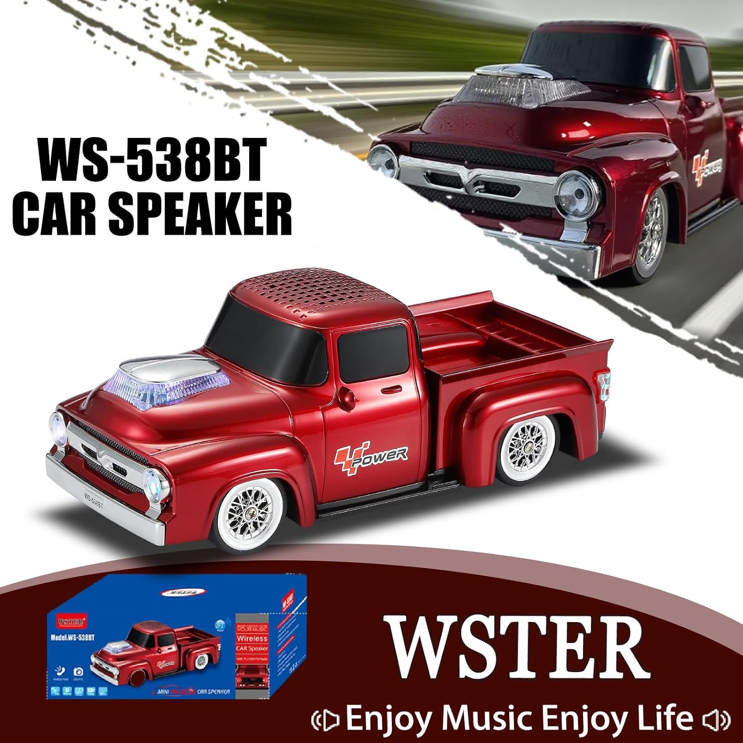 WSTER WS-538 Retro Pickup Truck Bluetooth Replica Speaker – Portable Wireless Car Model Speaker with FM, TWS, LED Party Lights, USB/TF Playback, Built-in Microphone, Type-C, Surprise Gift(Red)