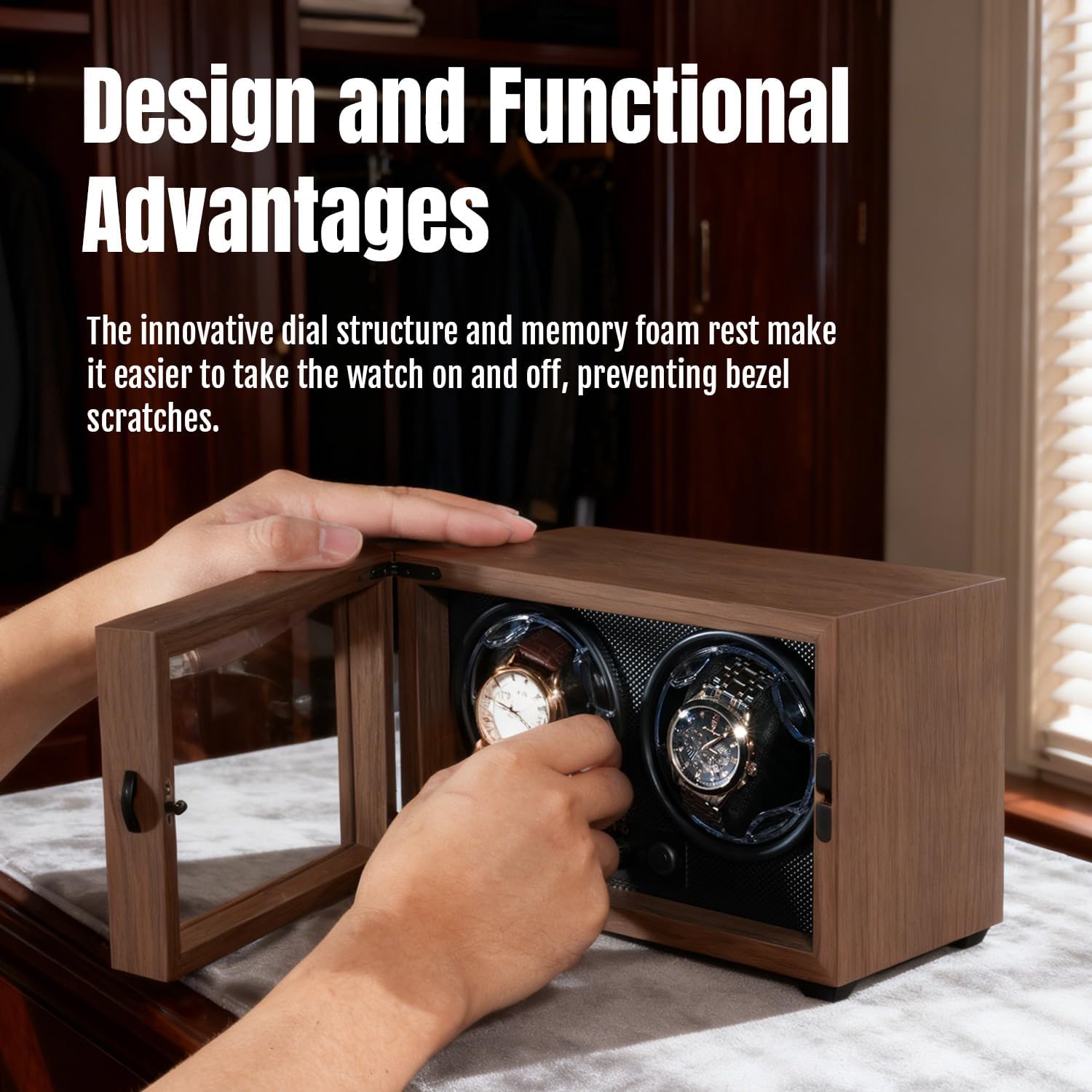 Mcbazel Dual Automatic Watch Winder with High-Elasticity Memory Foam Pillows, Ultra-Quiet Motor, Blue LED Light, 4 Rotation Modes, USB Powered Walnut Pattern Display Box for Watches