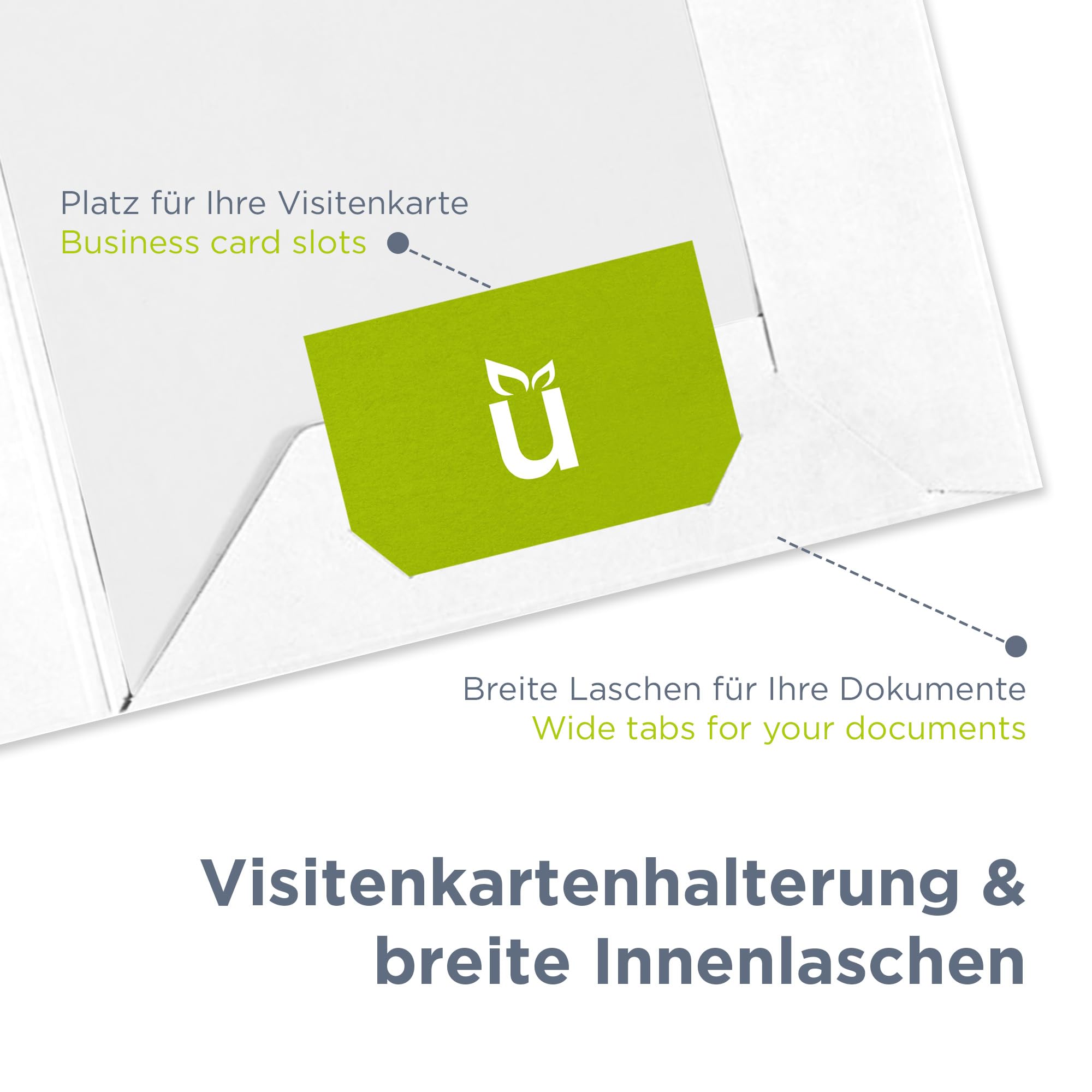 100 x Präsentationsmappe für A4 in weiß, FSC® MIX 70%, sehr stabile Dokumentenmappe 320g/m² Karton mit Visitenkartenschlitz, passt in C4-Umschlag, Made in Germany, direkt vom Hersteller Werbegrün