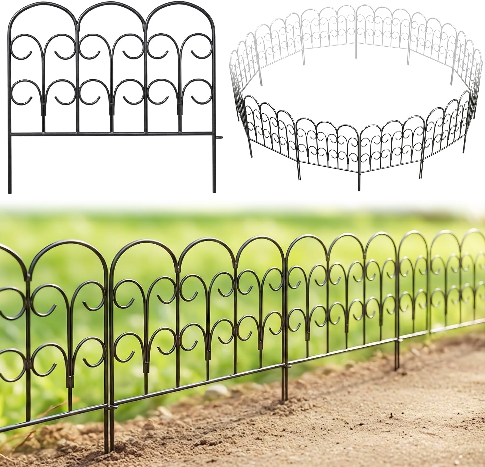 Decorative Metal Garden Fence 40cm. H x 47cm. W (5 Panels, Total Length 2.35m) Fence Panels Landscape Fencing Rustproof Wrought Iron Garden Fence Edging Flower Bed, Animal Barrier Border