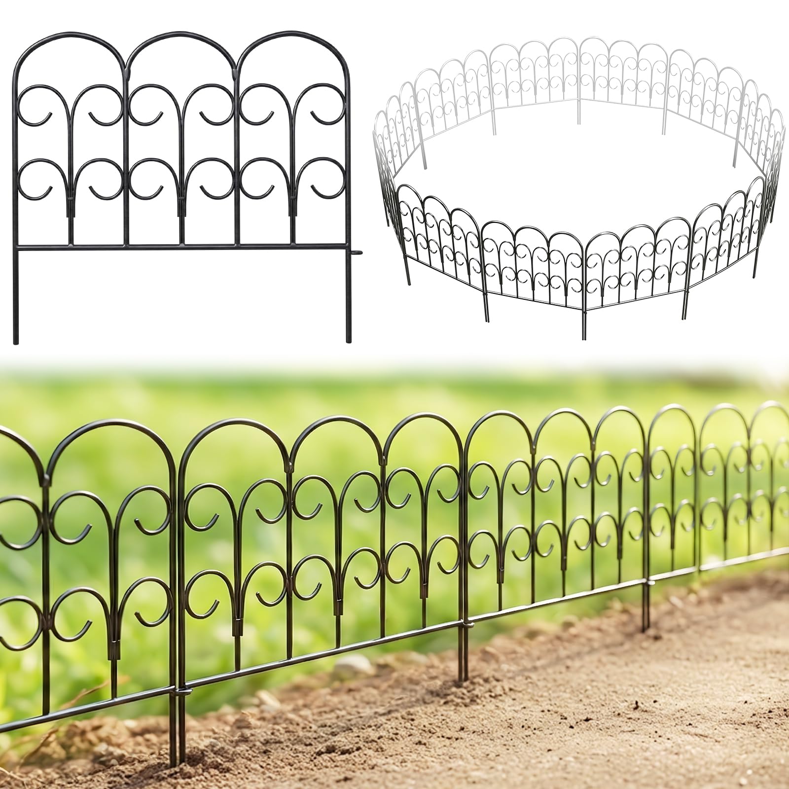 Thealyn Decorative Metal Garden Fence 40cm. H x 47cm. W (5 Panels, Total Length 2.35m) Fence Panels Landscape Fencing Rustproof Wrought Iron Garden Fence Edging Flower Bed, Animal Barrier Border