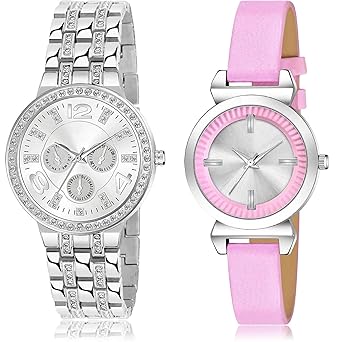 TIMENTER Party Wedding Chronograph Chain and Simple Casual Analog Silver Color Dial Girls Watch - G629-GW25 (Pack of 2)