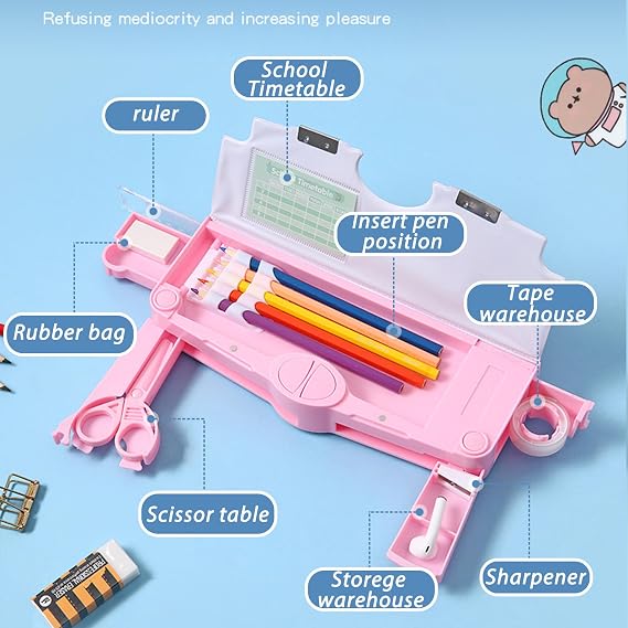 Pop Up Multifunction Pencil Case for Stationery Box with Sharpener, Scissors, Tape Dispenser, School Supplies Back to School Gift, Best Birthday Gifts (Pink)