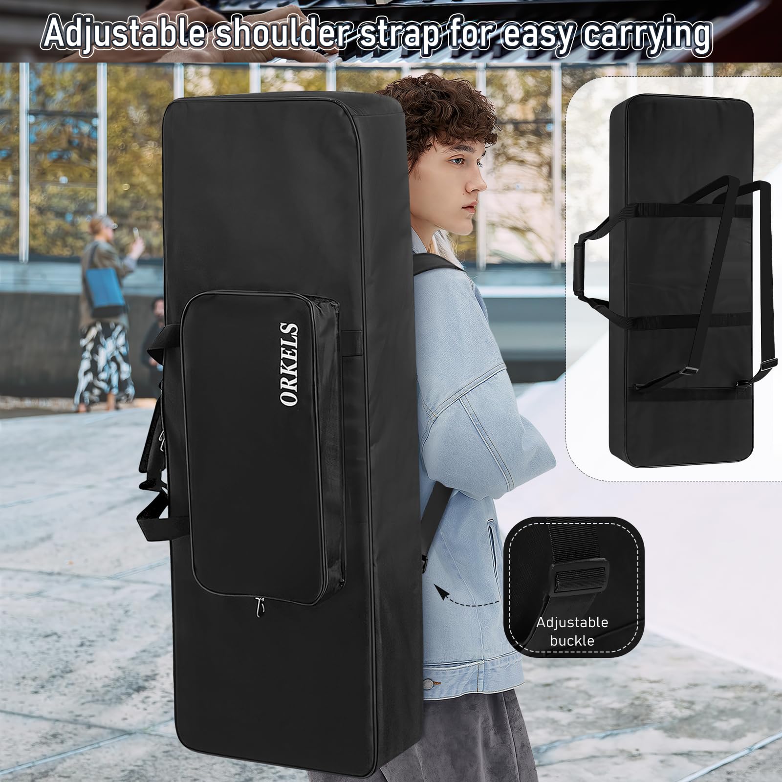 ORKELS Keyboard-Tasche mit 76 Tasten, 10 mm gepolstert, für E-Biano Keyboard, Gigbag Rucksack, mit großer Zubehörtasche (für 76 Tasten Keyboard)