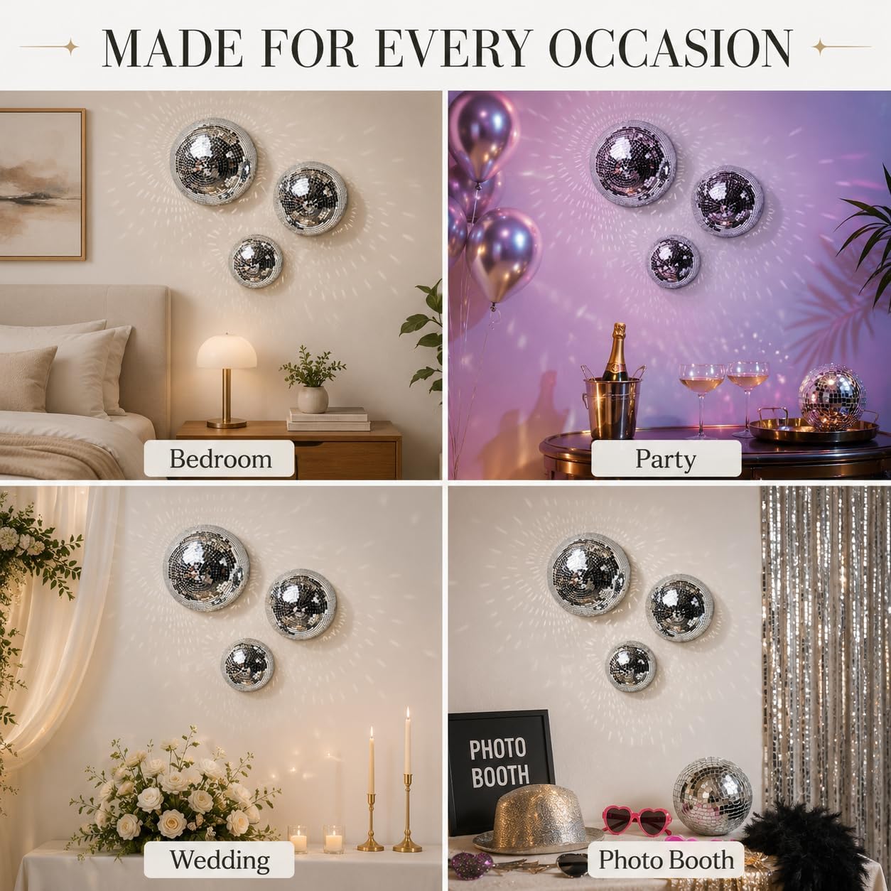 3 Pack Disco Ball Wall Decor, 3D Reflective Half Disco Wall Art, Self-Adhesive Wall Art 3.9"/5.9" /7" Half Dome Disco Balls for Bedroom Photo Backdrop 70s 80s Sparkling Funky Party(Silver, 3 Pack)