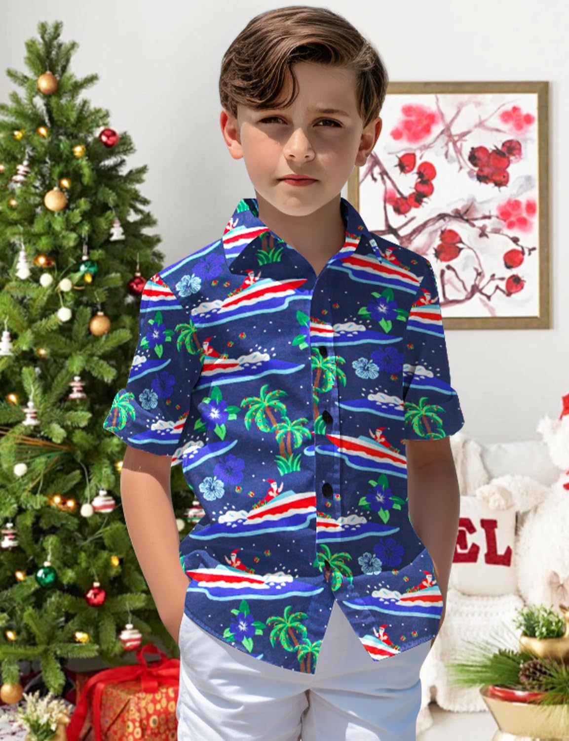 Yoimira Boys Christmas Shirt,Ugly Tropical Hawaiian Shirts for Kids Button Down Vacation Party Short Sleeve 7-14 Years - Image 4