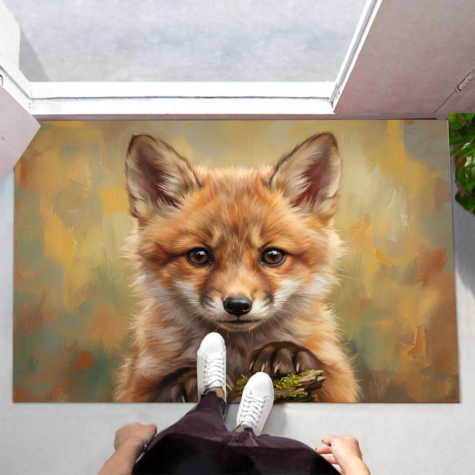 60X90Cm Zerbino Ingresso Interno Antiscivolo Assorbente, Tappeto Microfibra Sottile Lavabile Con Dipinti Ad Olio Realistici Animali Cuccioli Volpe Adorabili Per Cucina Bagno Porta Animali, Marrone