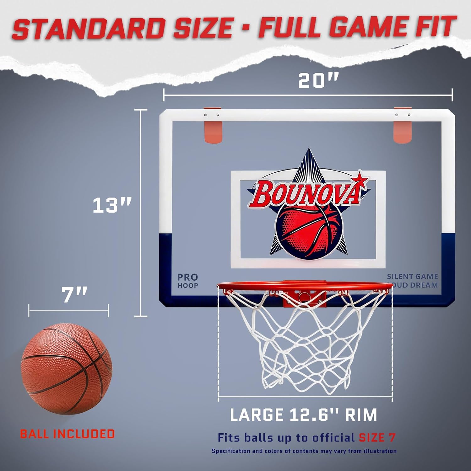 Bounova Indoor Over The Door Basketball Hoop, Large 20" x 13" Backboard, 12.6" Breakaway Rim Fits All Basketball Sizes, Indoor Hoop for Home Dorm Office