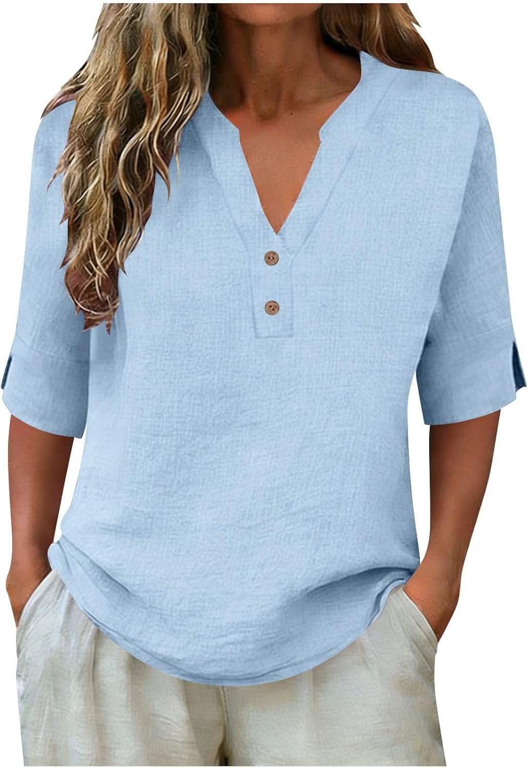 Linen Shirts for Women 3/4 Length Sleeve Womens Tops Loose Fit Womens Blouses Dressy Casual Spring Summer Tshirts - Image 8