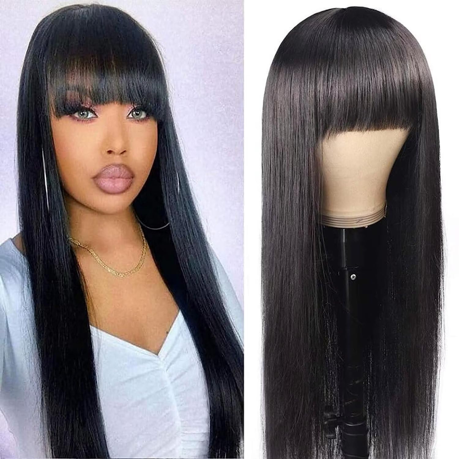Straight Human Hair Wigs with Bangs None Lace Front Wigs Human Hair Glueless Machine Made Brazilian Virgin Human Hair Wigs for Black Women (26 Inch